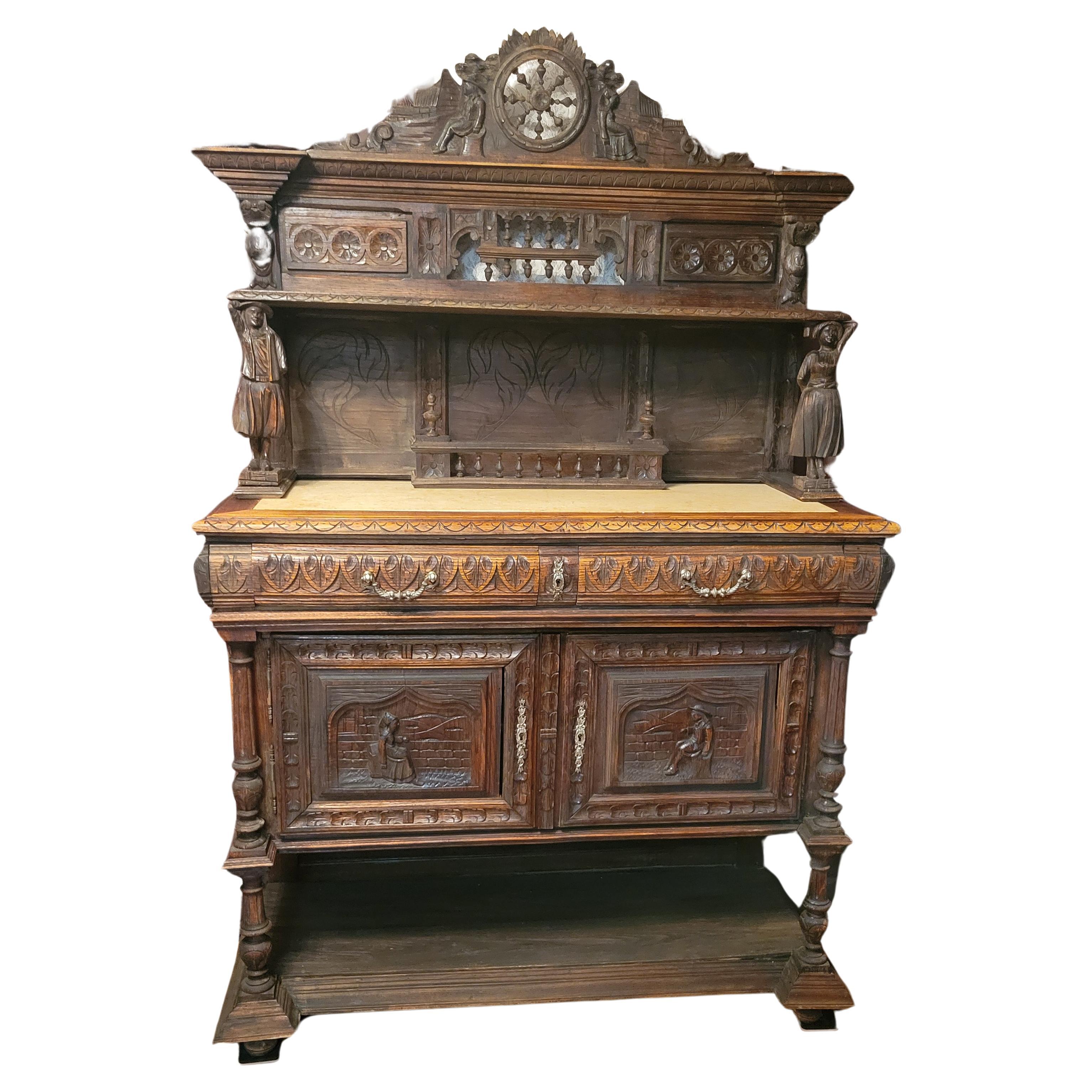 Antico, 1830, convitto fiammingo intagliato a mano con piano in marmo - 2 pezzi in vendita