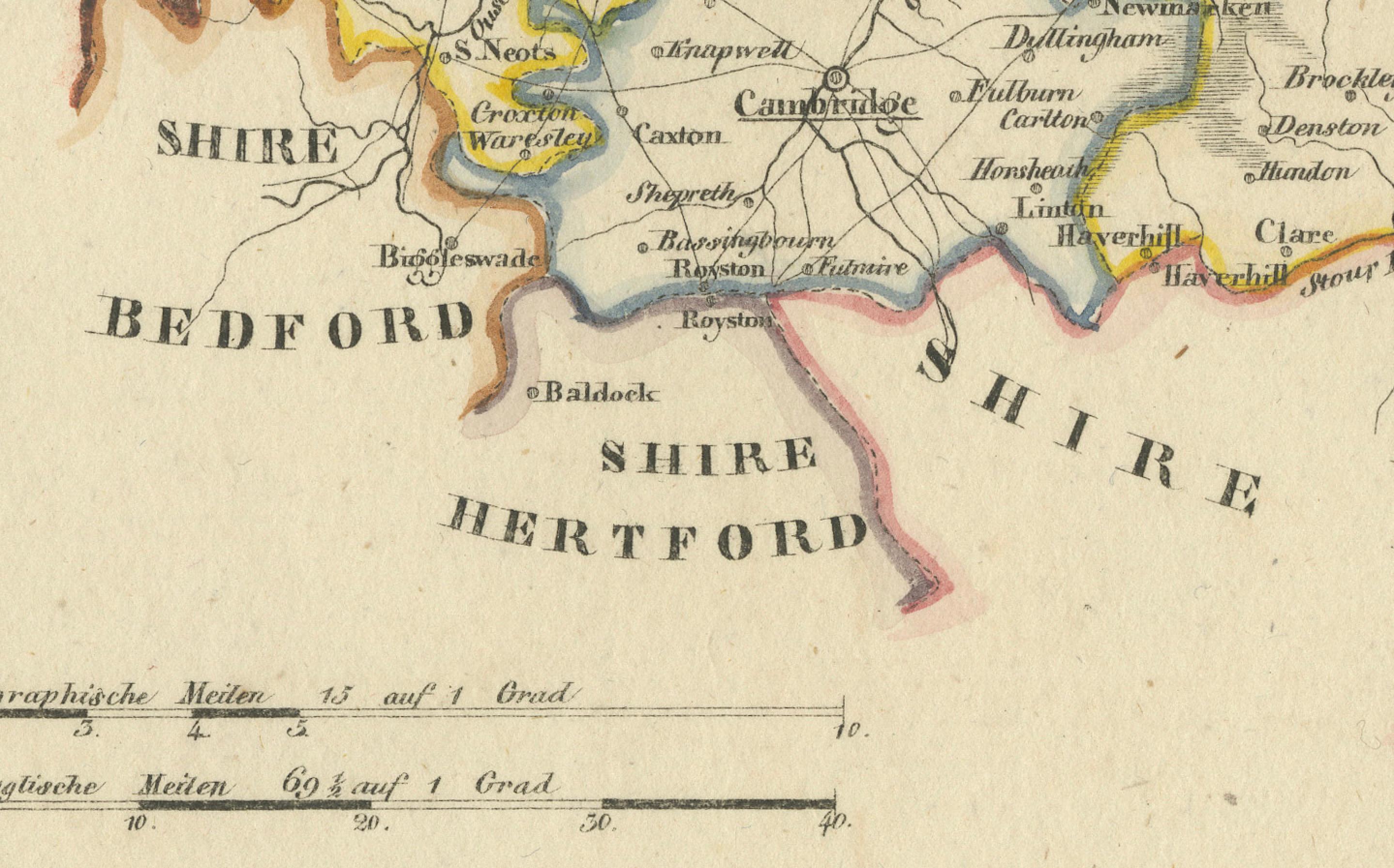 Title:  Antique 1830 Map of Eastern England with Suffolk, Norfolk, Cambridge, and Huntingdon  

Description: This 1830 German-language map, titled Britisches Reich – A. Kon: England, focuses on eastern England and highlights counties such as
