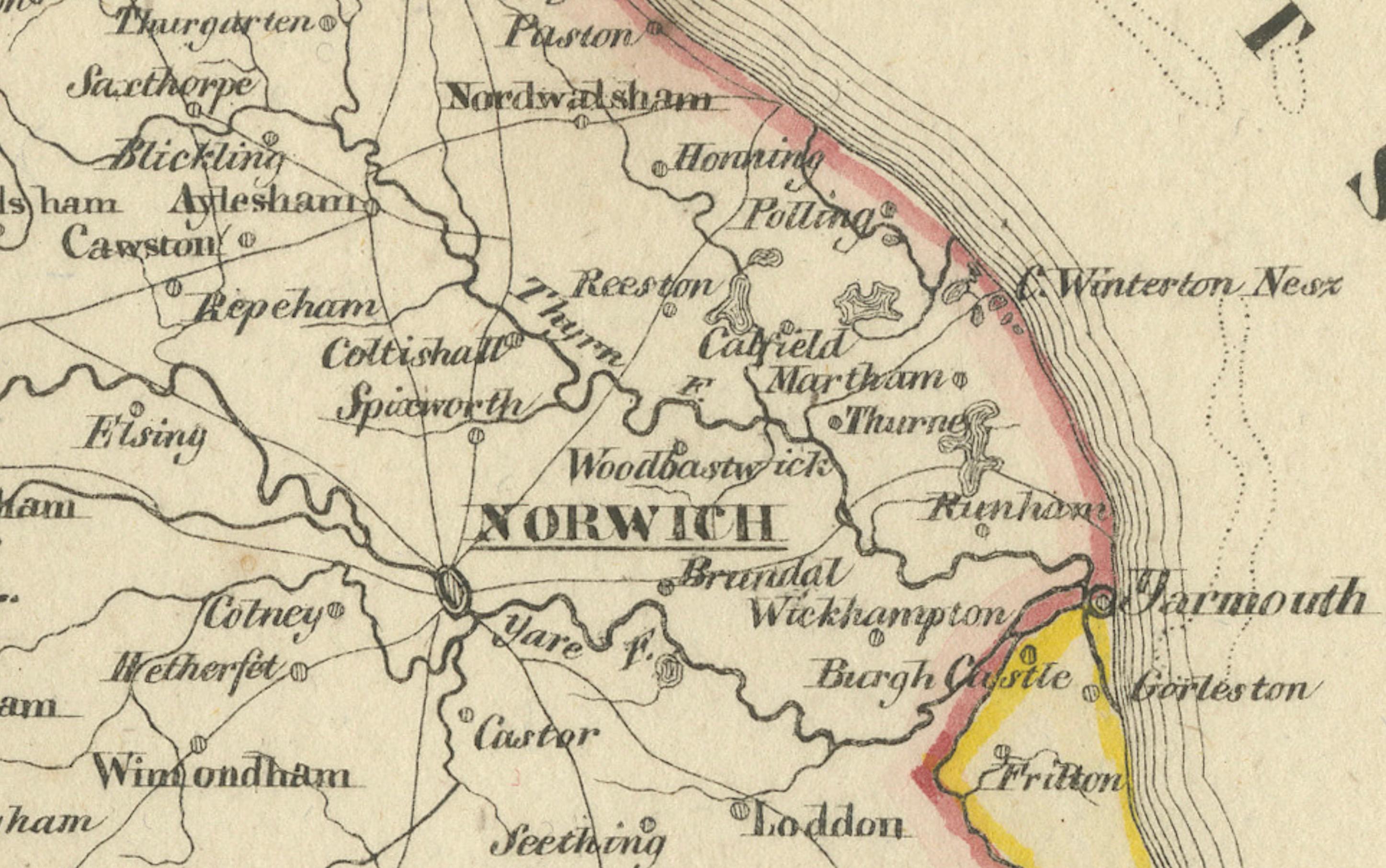 Mid-19th Century Antique 1830 Map of Eastern England with Suffolk, Norfolk Cambridge, Huntingdon For Sale