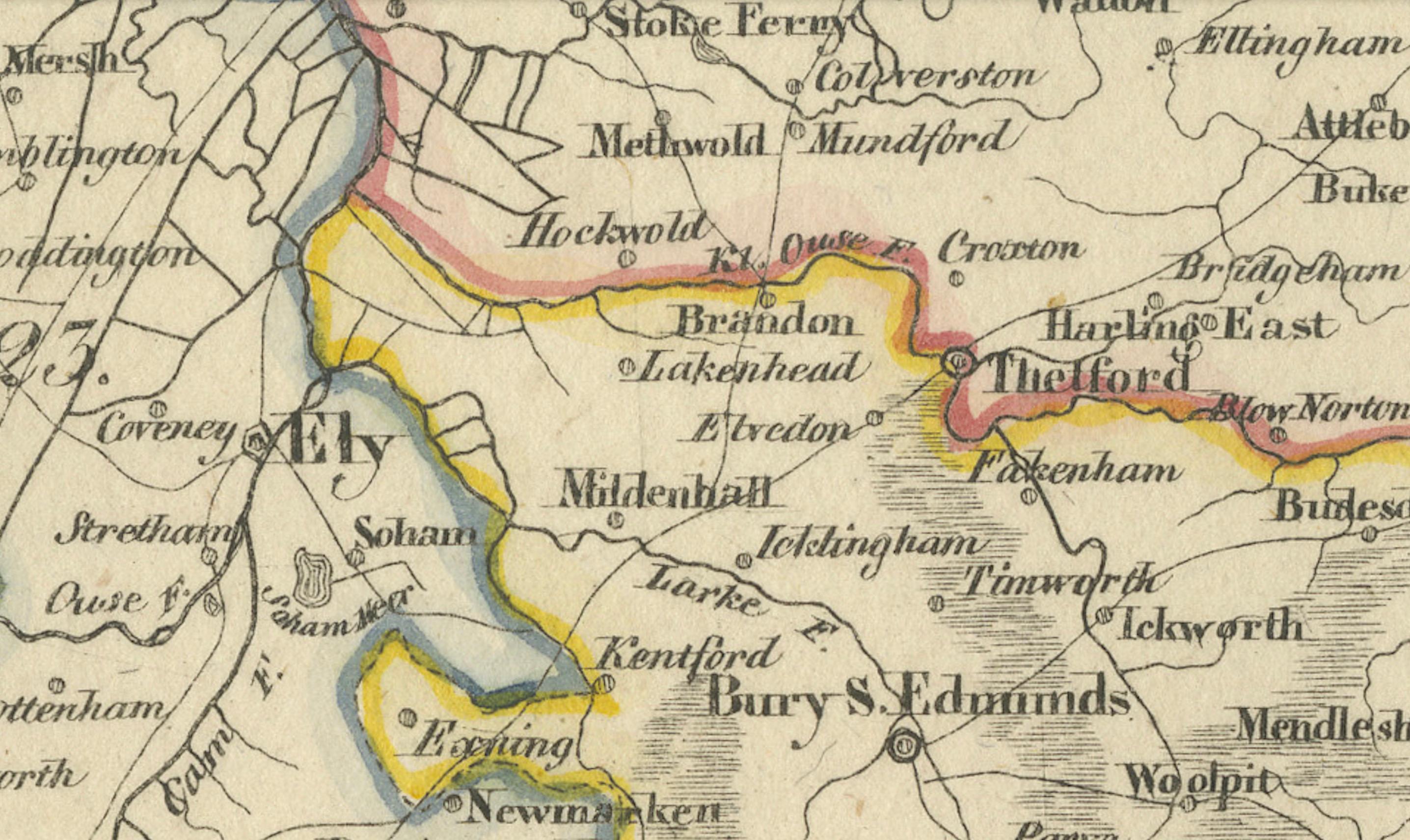 Paper Antique 1830 Map of Eastern England with Suffolk, Norfolk Cambridge, Huntingdon For Sale
