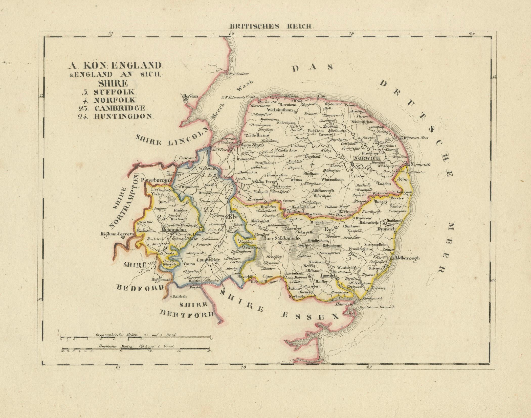 Antique 1830 Map of Eastern England with Suffolk, Norfolk Cambridge, Huntingdon For Sale 1