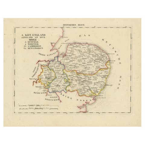 Antique 1830 Map of Eastern England with Suffolk, Norfolk Cambridge, Huntingdon