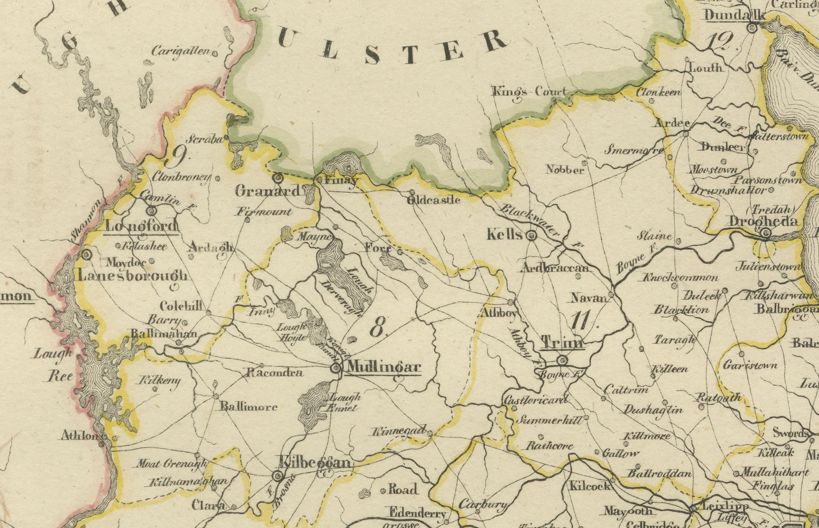 Titre :  Carte ancienne de 1830 de Leinster, Irlande avec Dublin, Kilkenny, Wexford, et Kildare  

Description :  Cette carte de 1830 en langue allemande, intitulée Britisches Reich - C.I.C : Irlande, se concentre sur la province de Leinster, dans