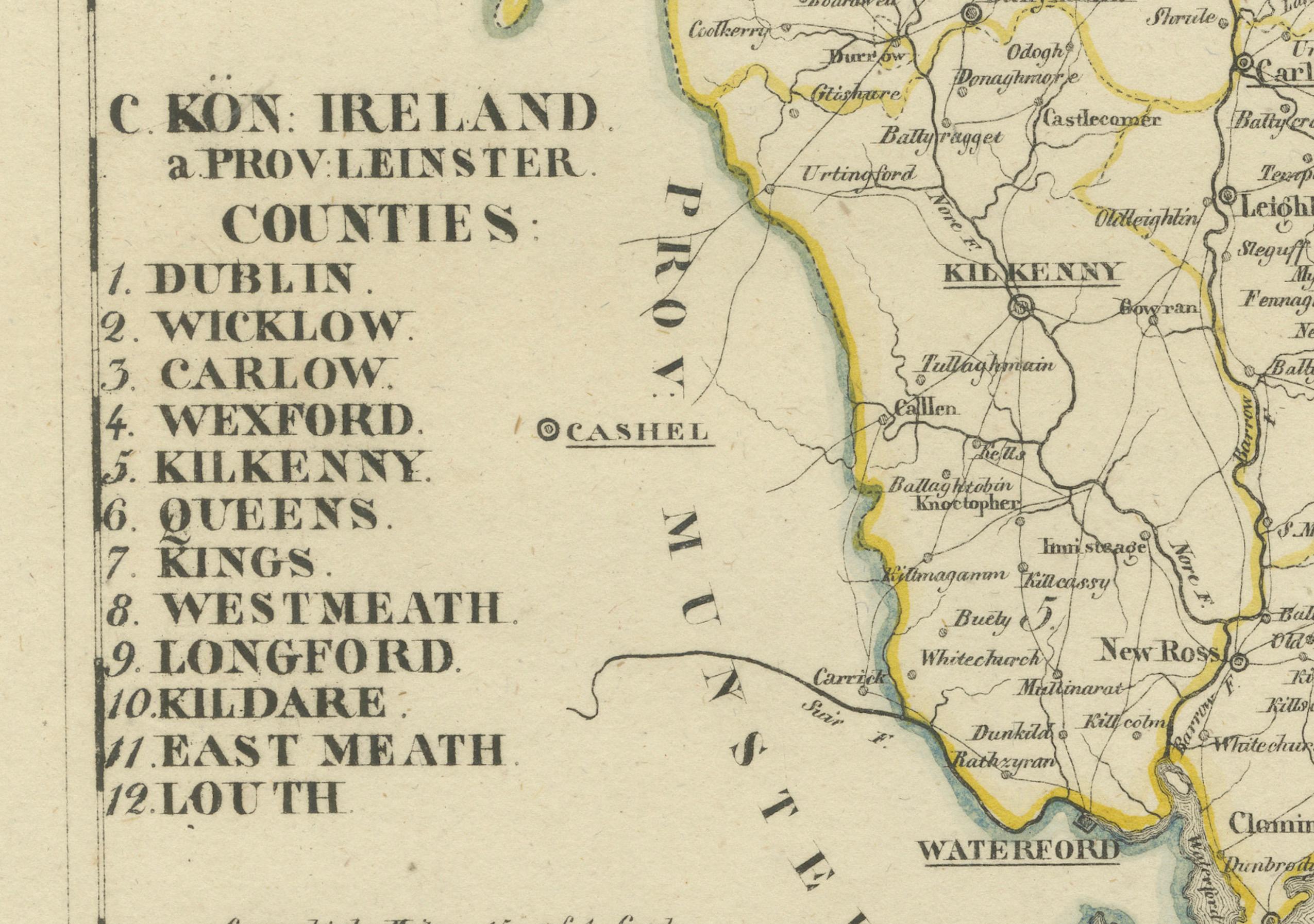 Gravé Ancienne carte de 1830 de Leinster, Irlande avec Dublin, Kilkenny, Wexford et Kildare en vente