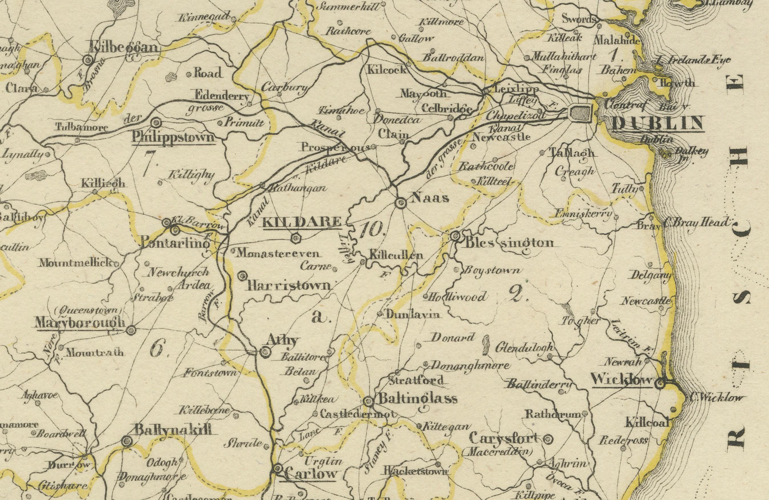 Milieu du XIXe siècle Ancienne carte de 1830 de Leinster, Irlande avec Dublin, Kilkenny, Wexford et Kildare en vente