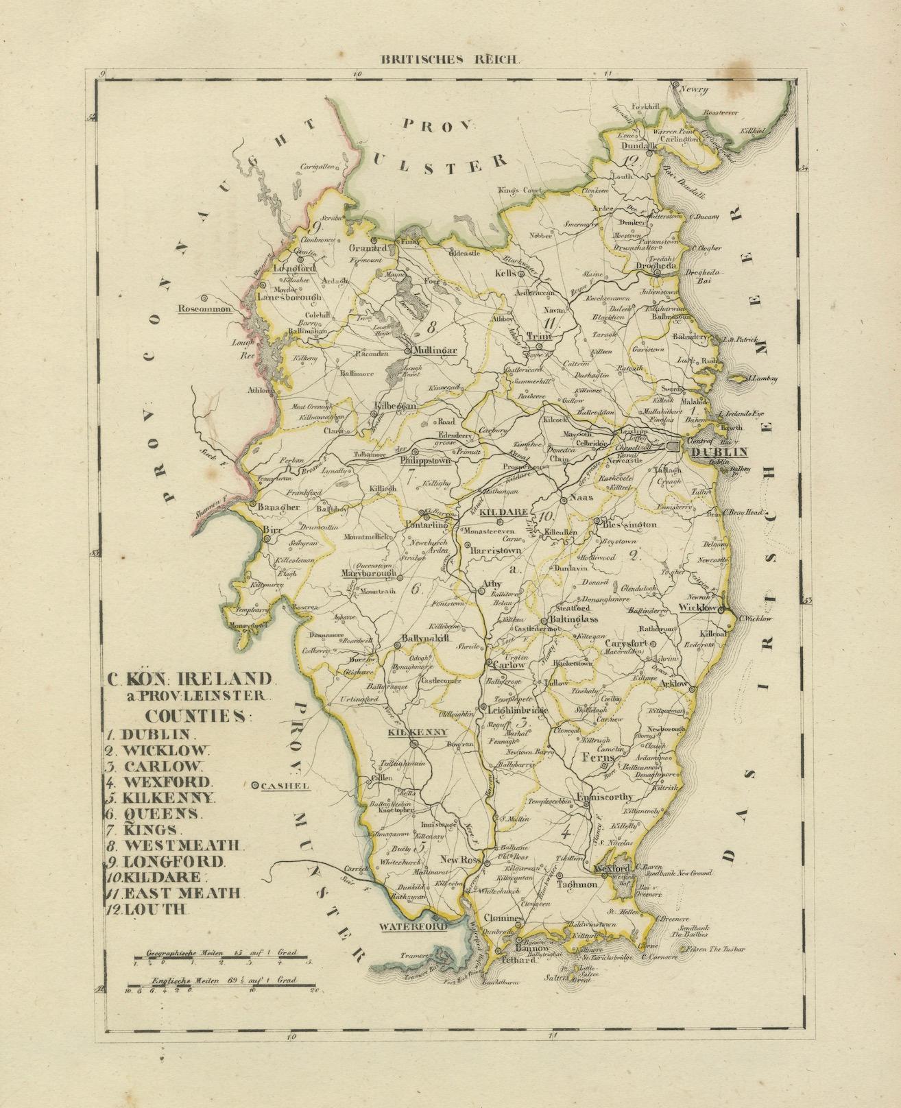 Ancienne carte de 1830 de Leinster, Irlande avec Dublin, Kilkenny, Wexford et Kildare en vente 2