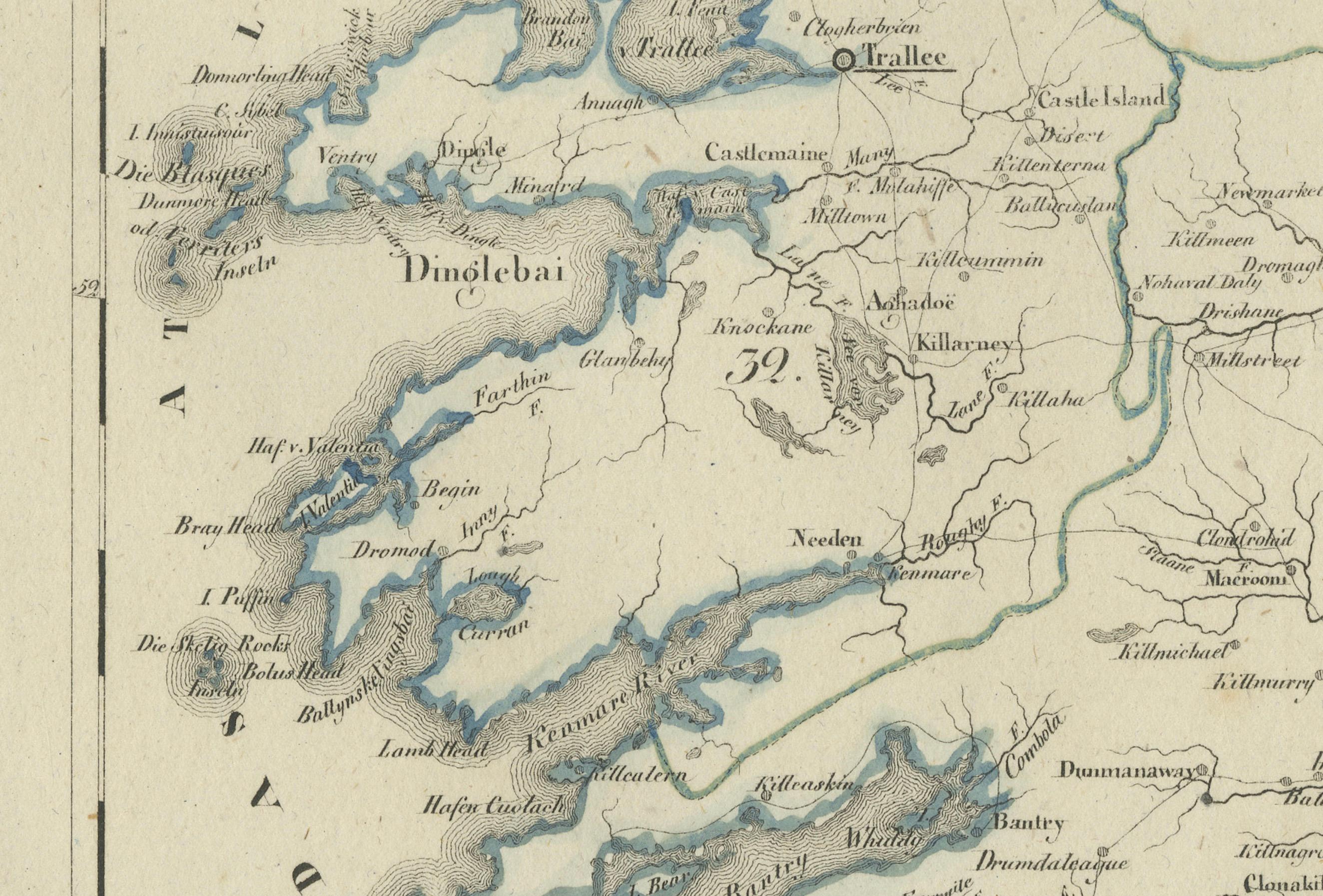 Title:  Antique 1830 Map of Munster, Ireland with Limerick, Cork, Kerry, and Tipperary  

Description:  This 1830 German-language map, titled Britisches Reich – C. Kon: Ireland, focuses on the province of Munster in southern Ireland, highlighting
