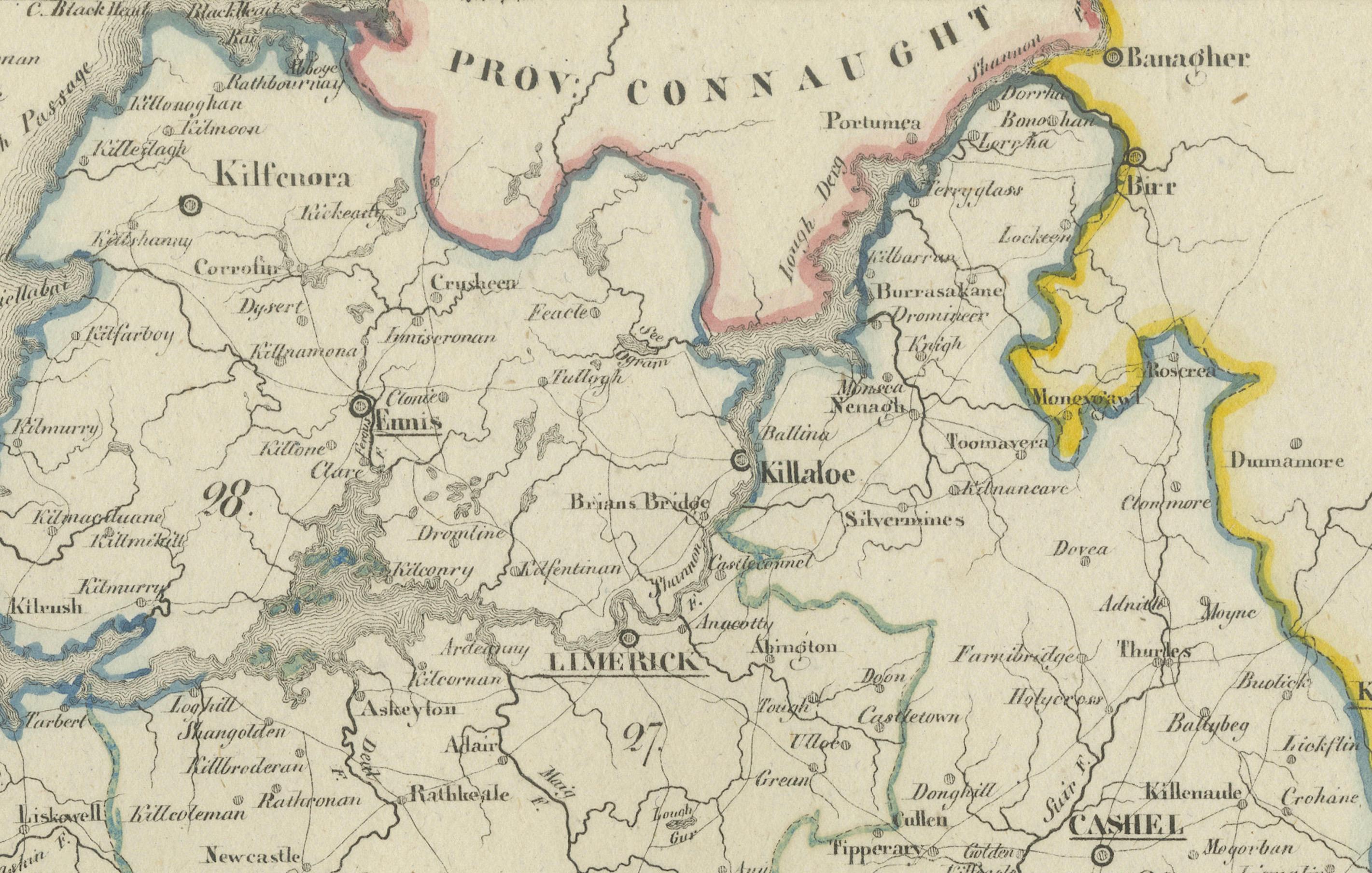 Antique 1830 Map of Munster, Ireland with Limerick, Cork, Kerry and Tipperary In Good Condition For Sale In Langweer, NL