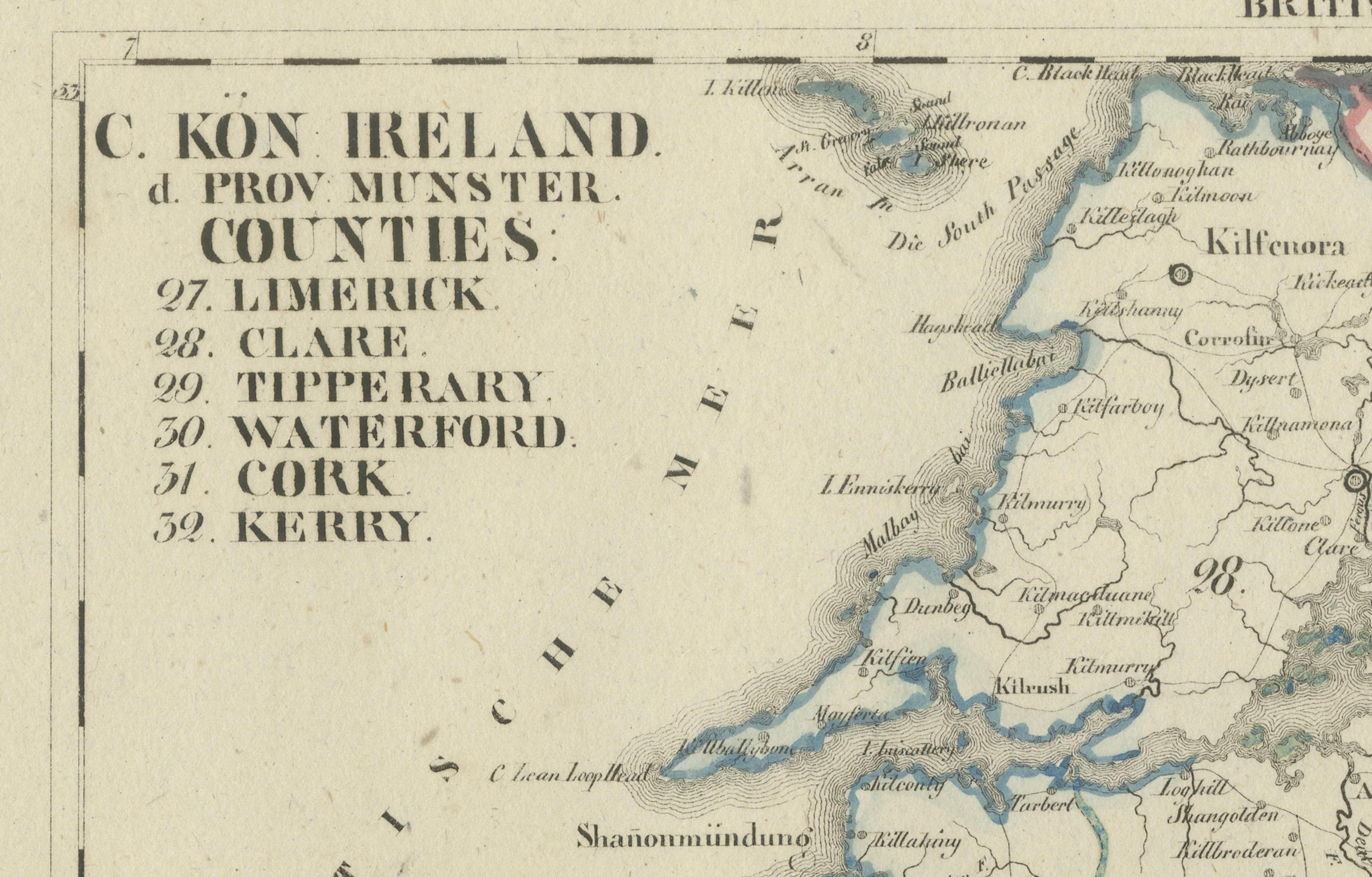 Mid-19th Century Antique 1830 Map of Munster, Ireland with Limerick, Cork, Kerry and Tipperary For Sale
