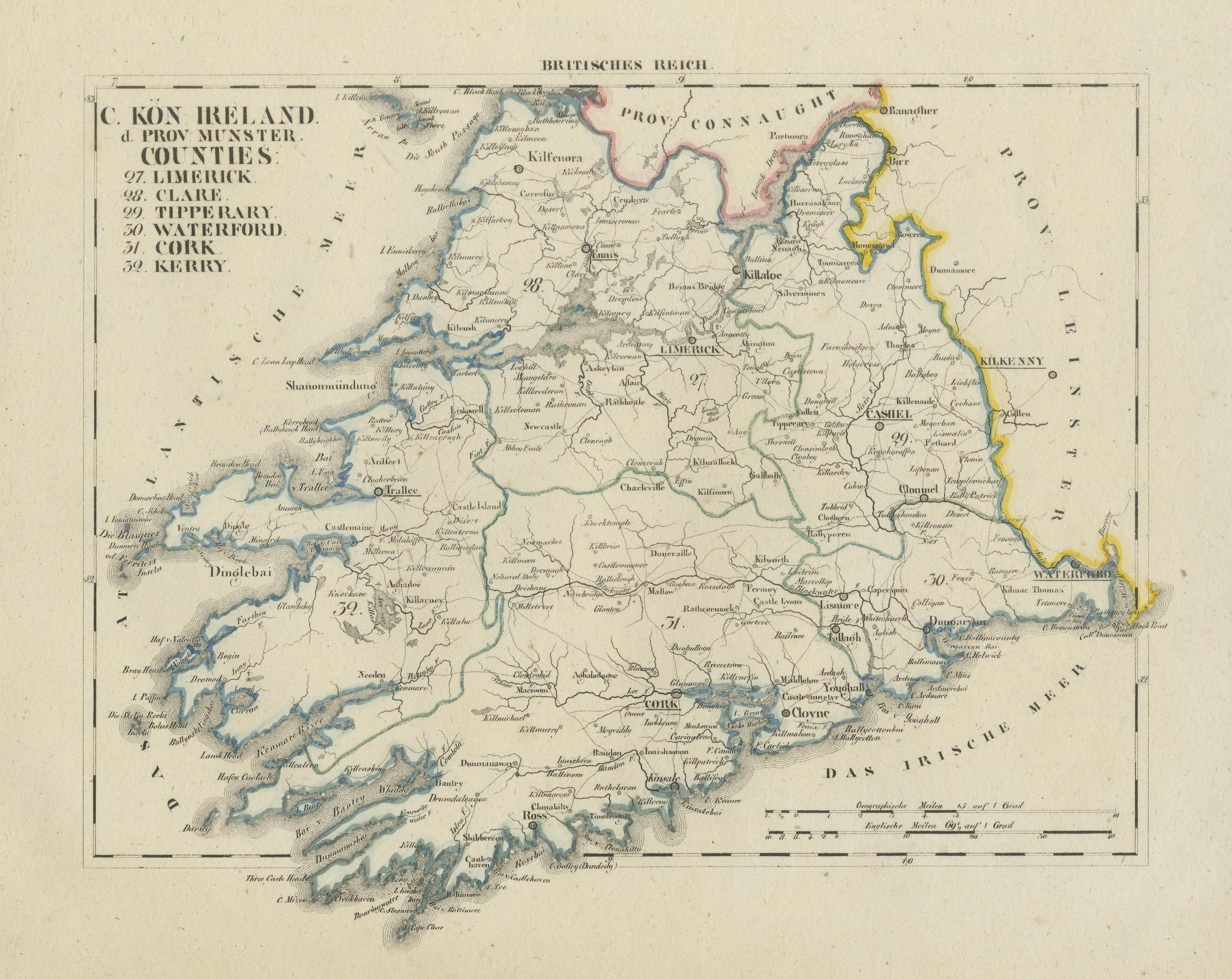 Paper Antique 1830 Map of Munster, Ireland with Limerick, Cork, Kerry and Tipperary For Sale