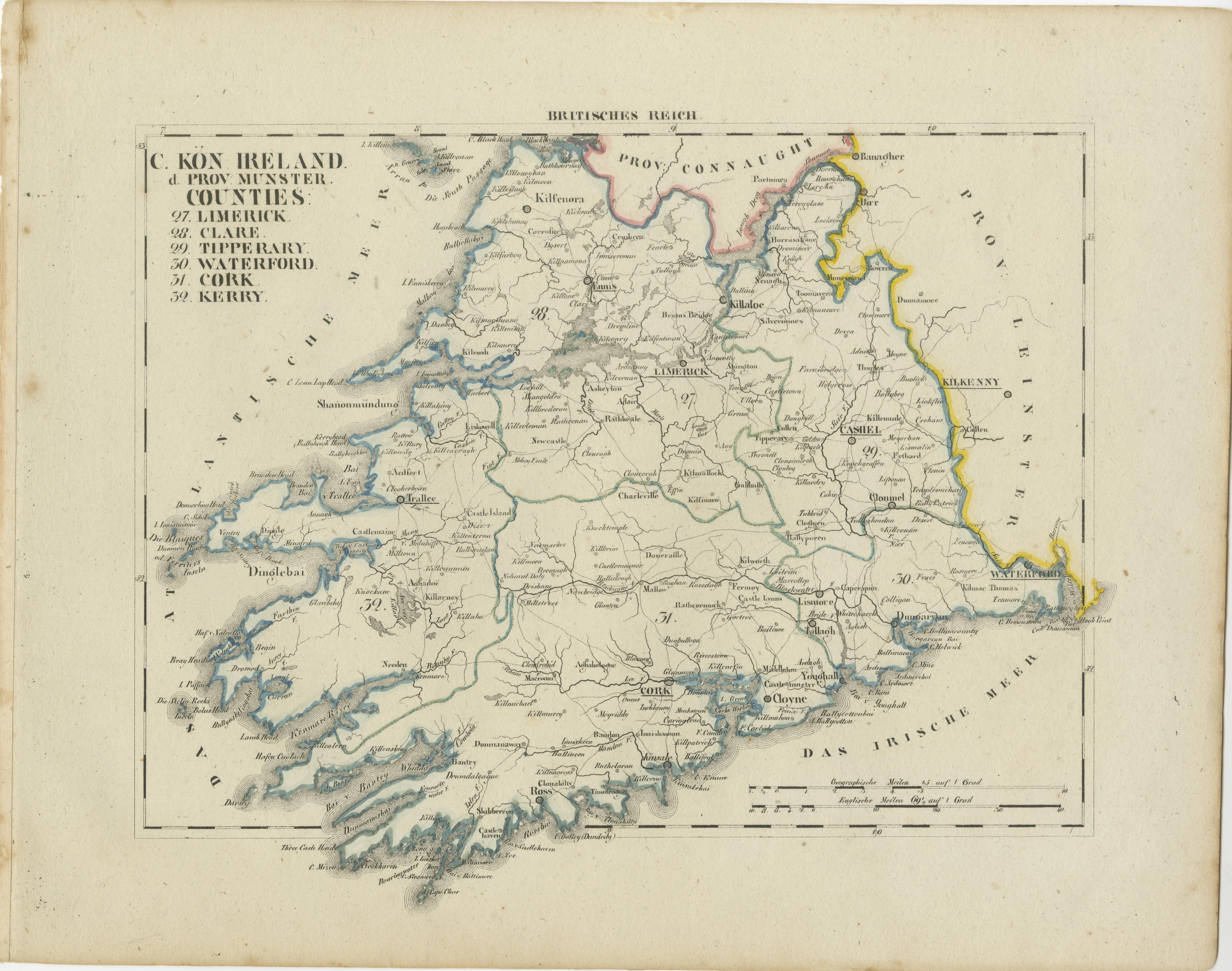 Antique 1830 Map of Munster, Ireland with Limerick, Cork, Kerry and Tipperary For Sale 1