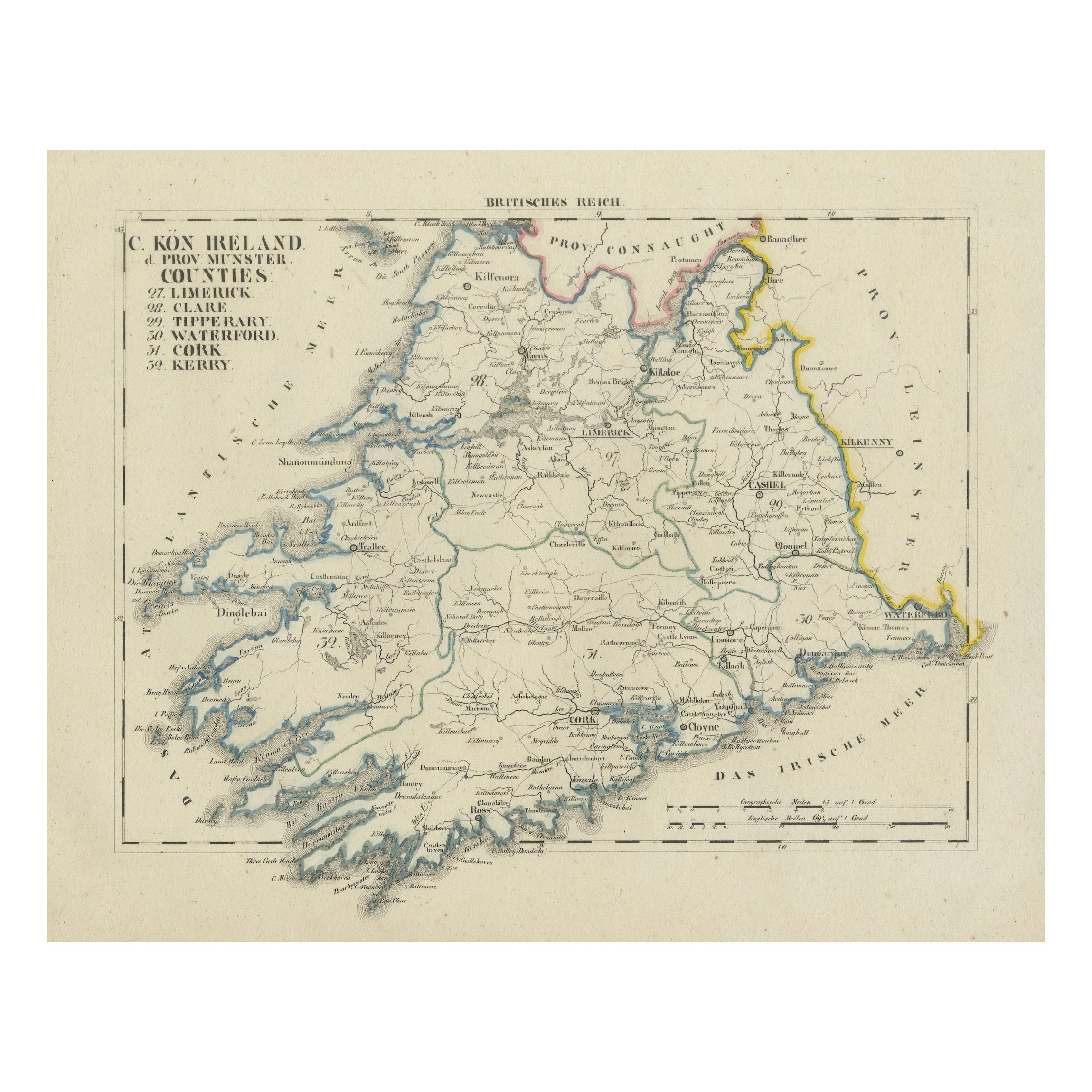 Antique 1830 Map of Munster, Ireland with Limerick, Cork, Kerry and Tipperary