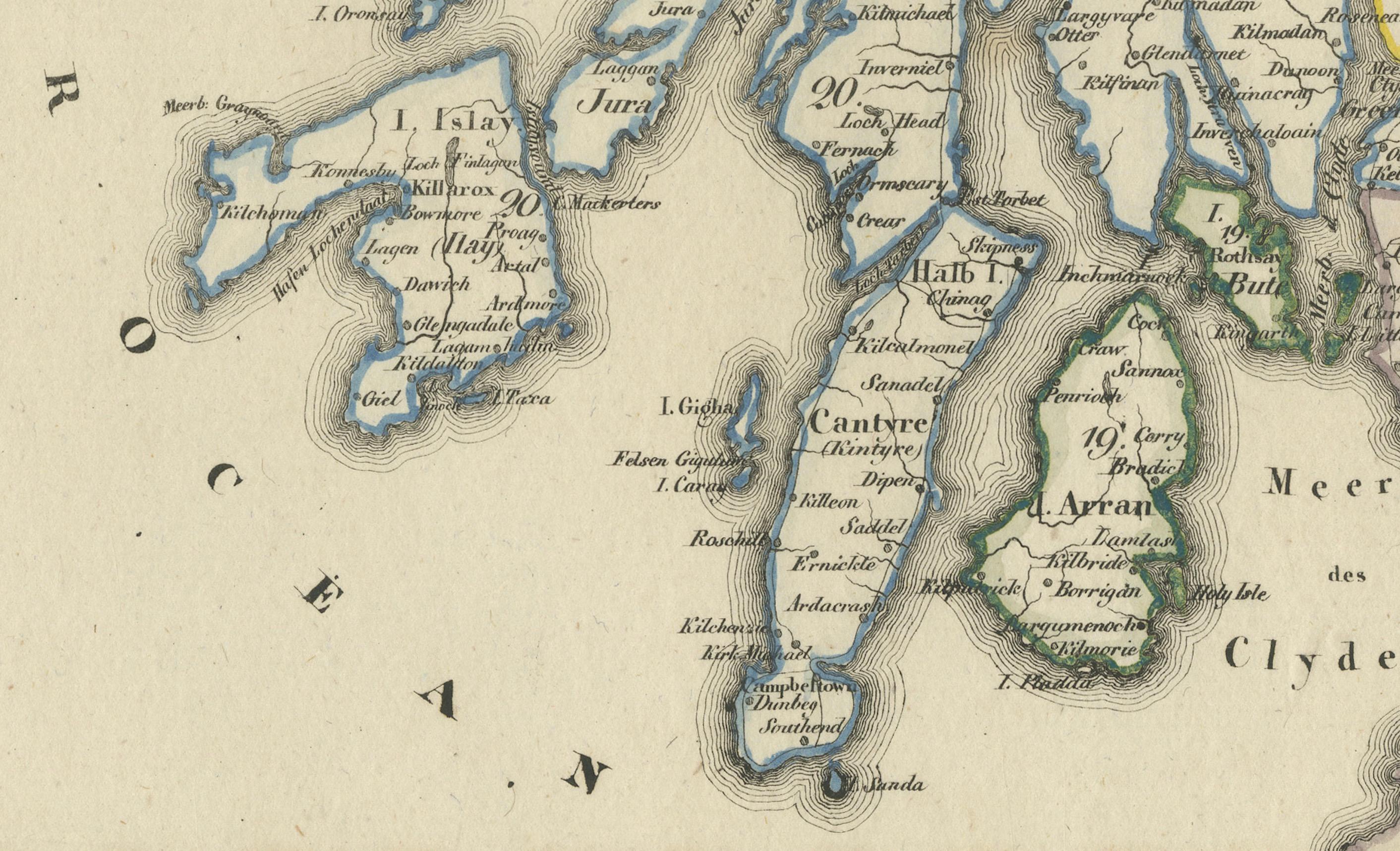 Mid-19th Century Antique 1830 Map of Scotland with Counties Renfrew, Stirling, Dumbarton and Bute For Sale