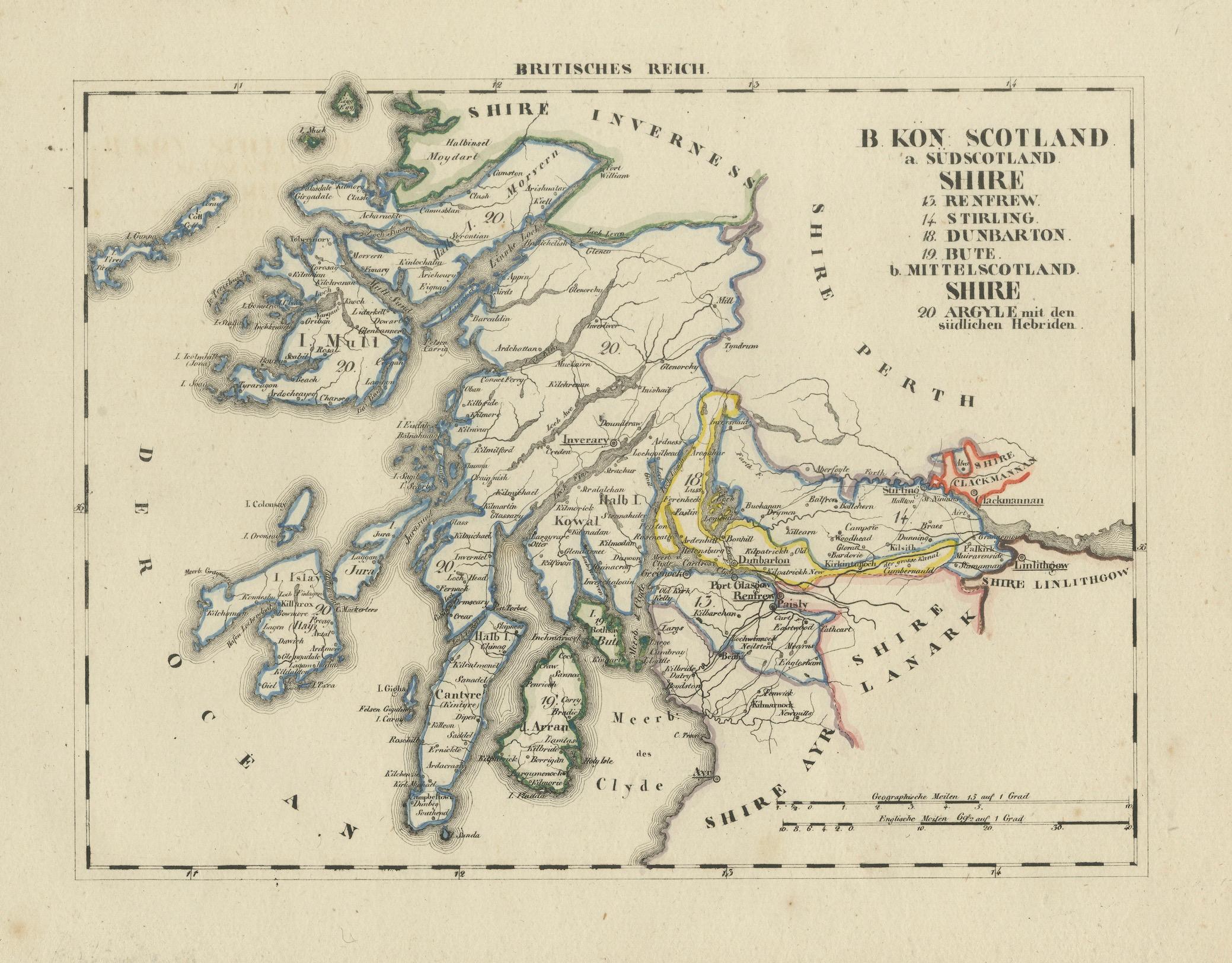Paper Antique 1830 Map of Scotland with Counties Renfrew, Stirling, Dumbarton and Bute For Sale