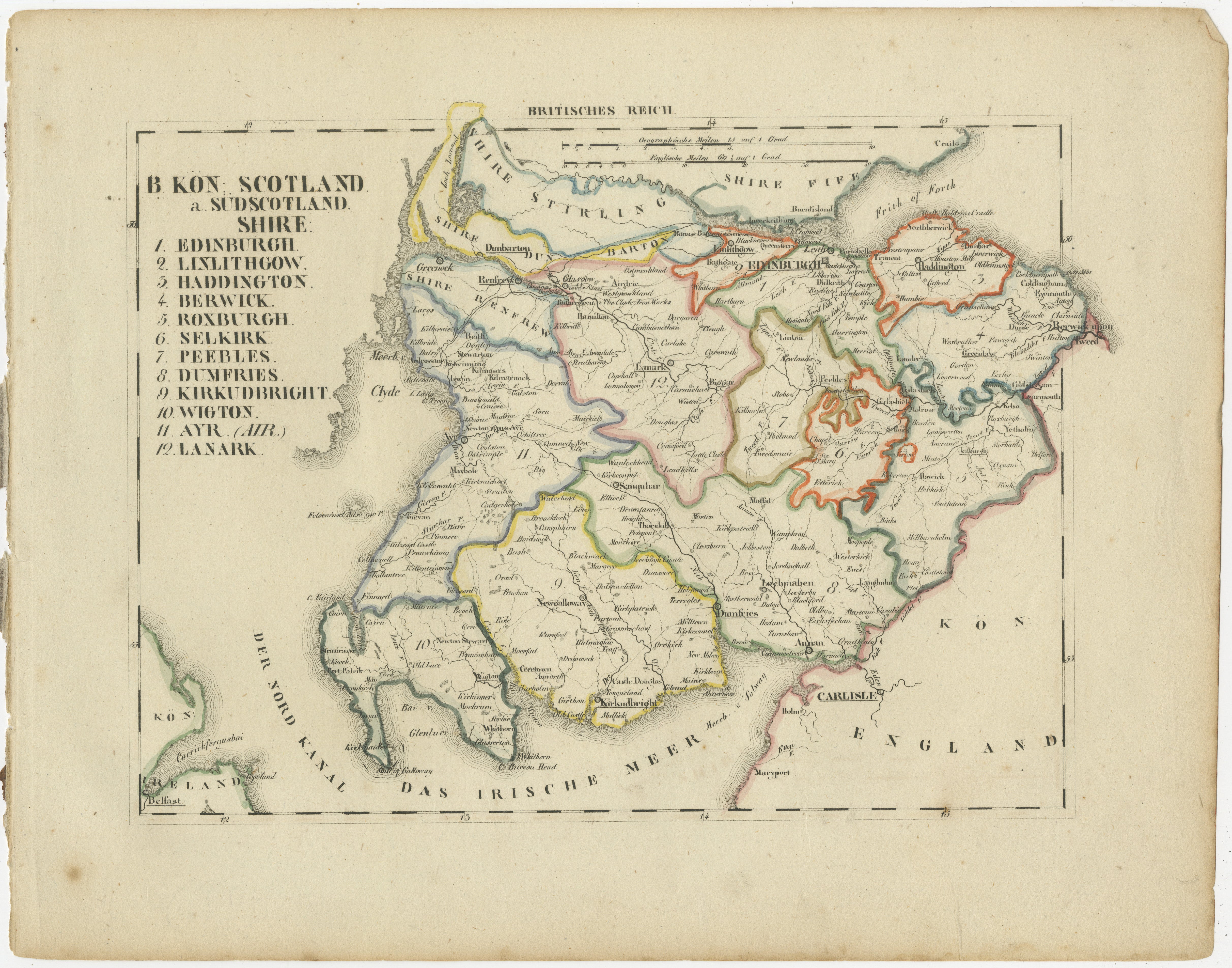 Title:  Antique 1830 Map of Southern Scotland with Edinburgh, Berwick, Ayr, and Dumfries  

Description:  This 1830 German-language map, titled Britisches Reich – B. Kon Scotland, focuses on southern Scotland and highlights counties such as