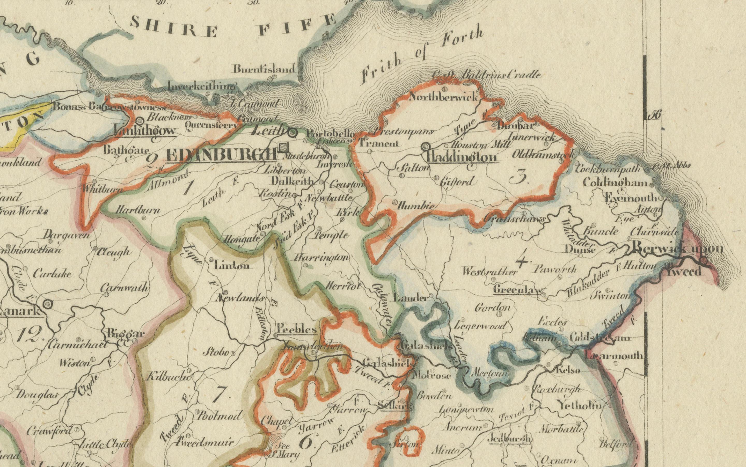 Antique 1830 Map of Southern Scotland with Edinburgh, Berwick, Ayr, and Dumfries In Good Condition For Sale In Langweer, NL