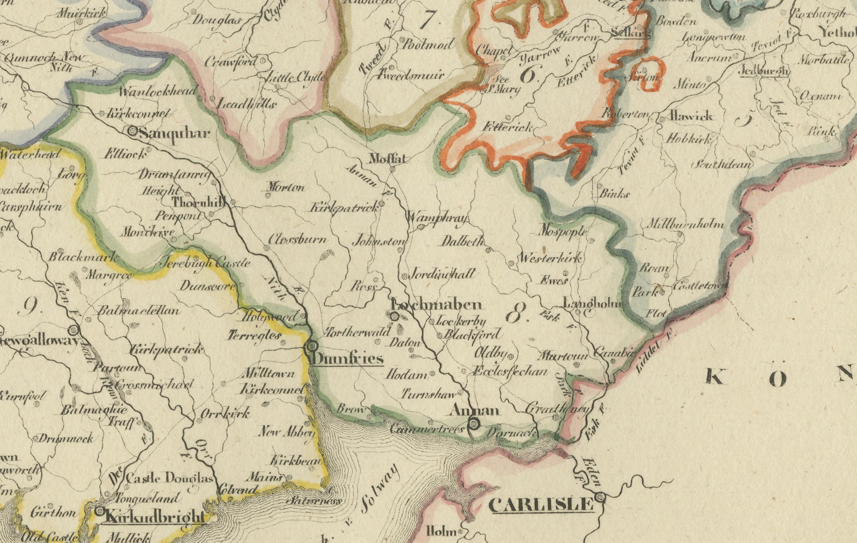 Mid-19th Century Antique 1830 Map of Southern Scotland with Edinburgh, Berwick, Ayr, and Dumfries For Sale