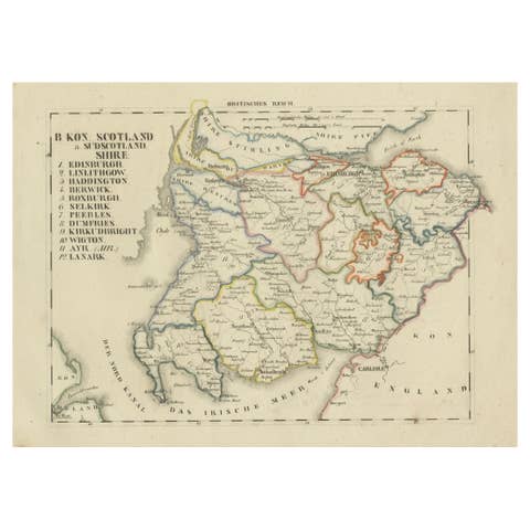 Antique 1830 Map of Southern Scotland with Edinburgh, Berwick, Ayr, and Dumfries