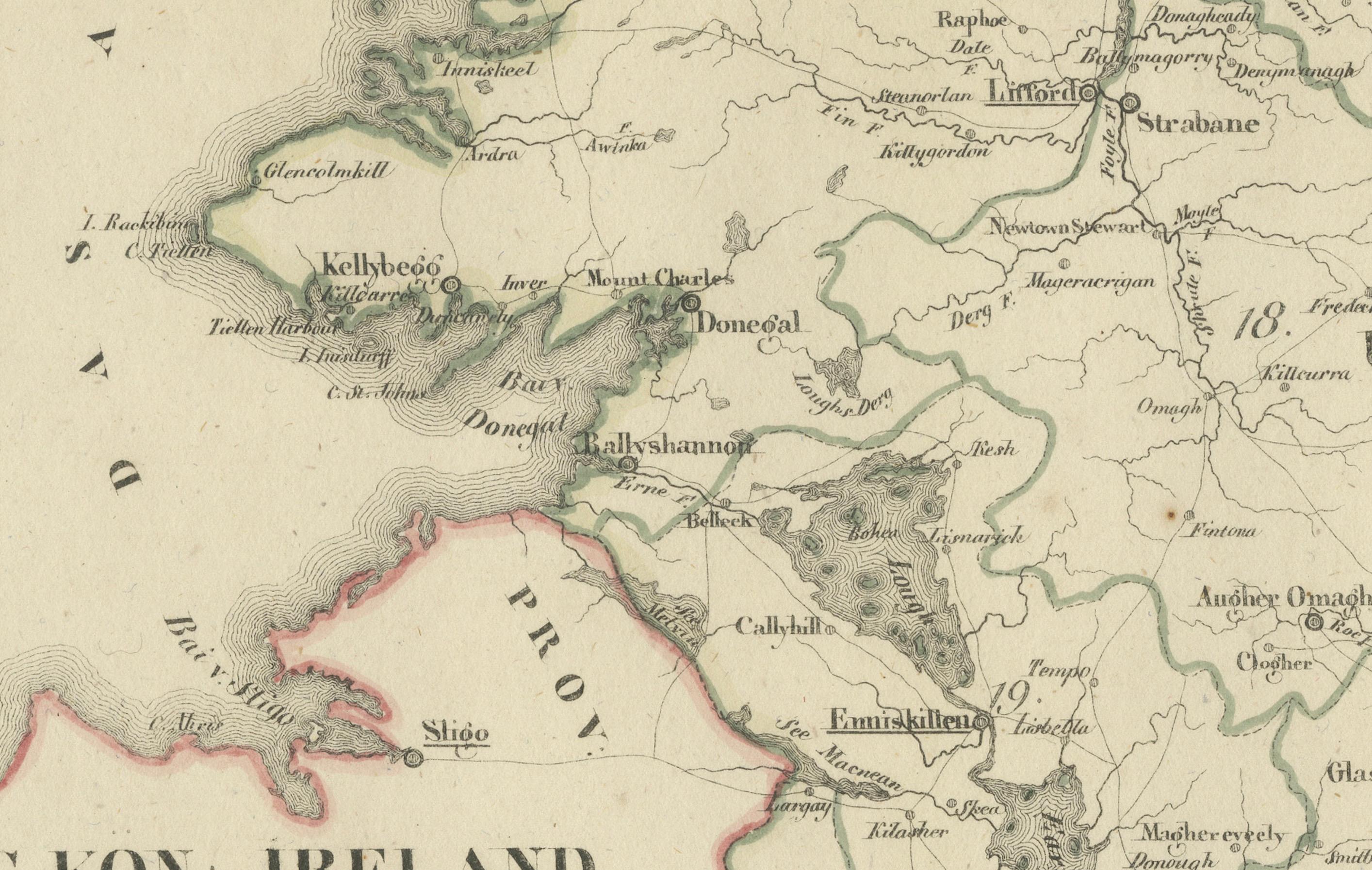 Titre :  Carte ancienne de 1830 de l'Ulster, Irlande avec Armagh, Down, Antrim, Donegal, et Tyrone  

Description :  Cette carte de 1830 en langue allemande, intitulée Britisches Reich - C.I.C : Irlande, se concentre sur la province d'Ulster, dans