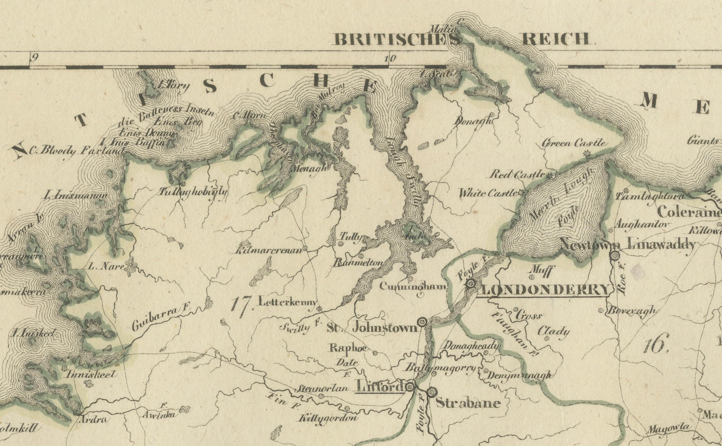 Gravé Carte ancienne de 1830 de l'Ulster, Irlande avec Armagh, Down, Antrim, Donegal, Tyrone en vente