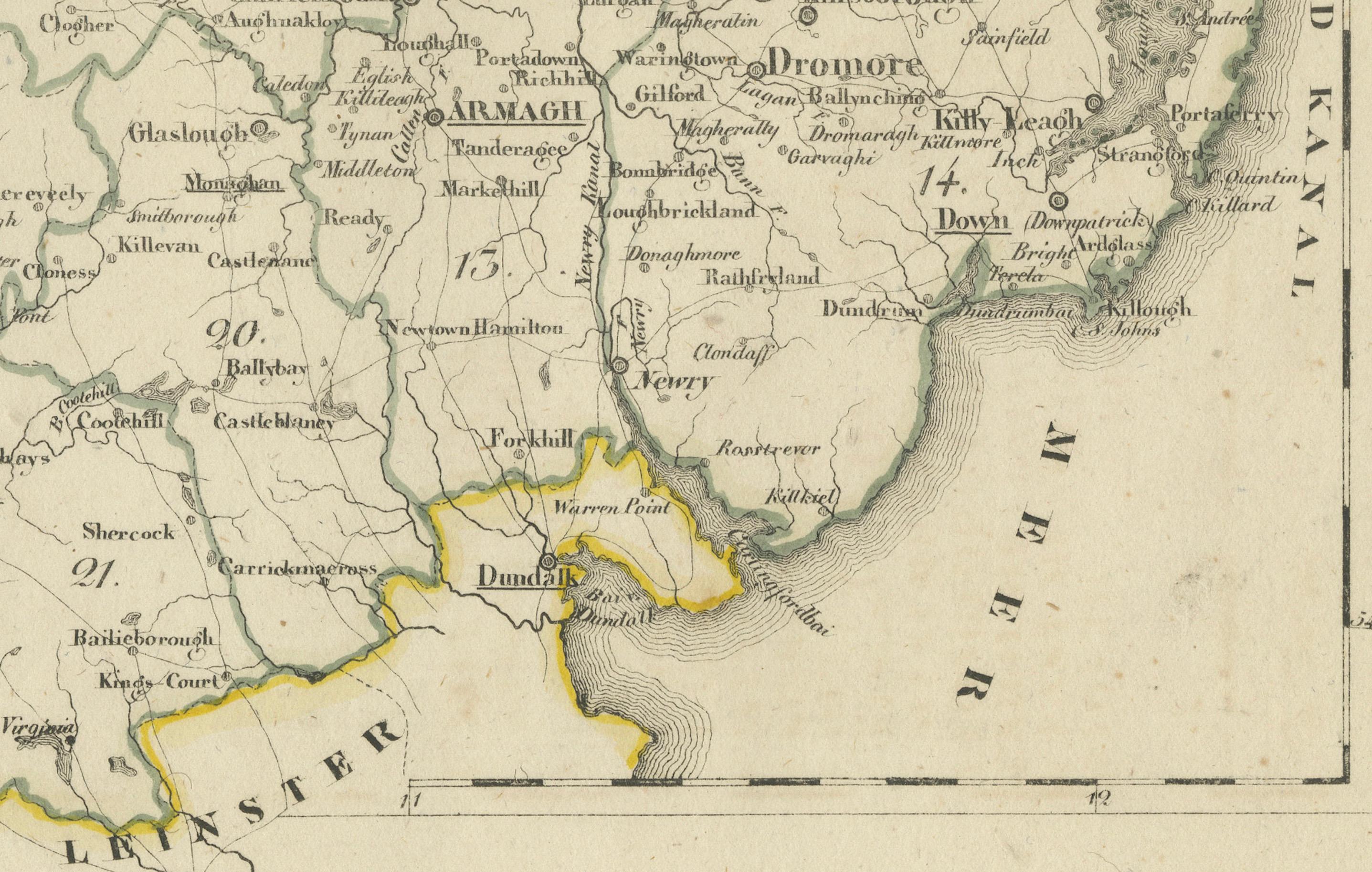 Milieu du XIXe siècle Carte ancienne de 1830 de l'Ulster, Irlande avec Armagh, Down, Antrim, Donegal, Tyrone en vente