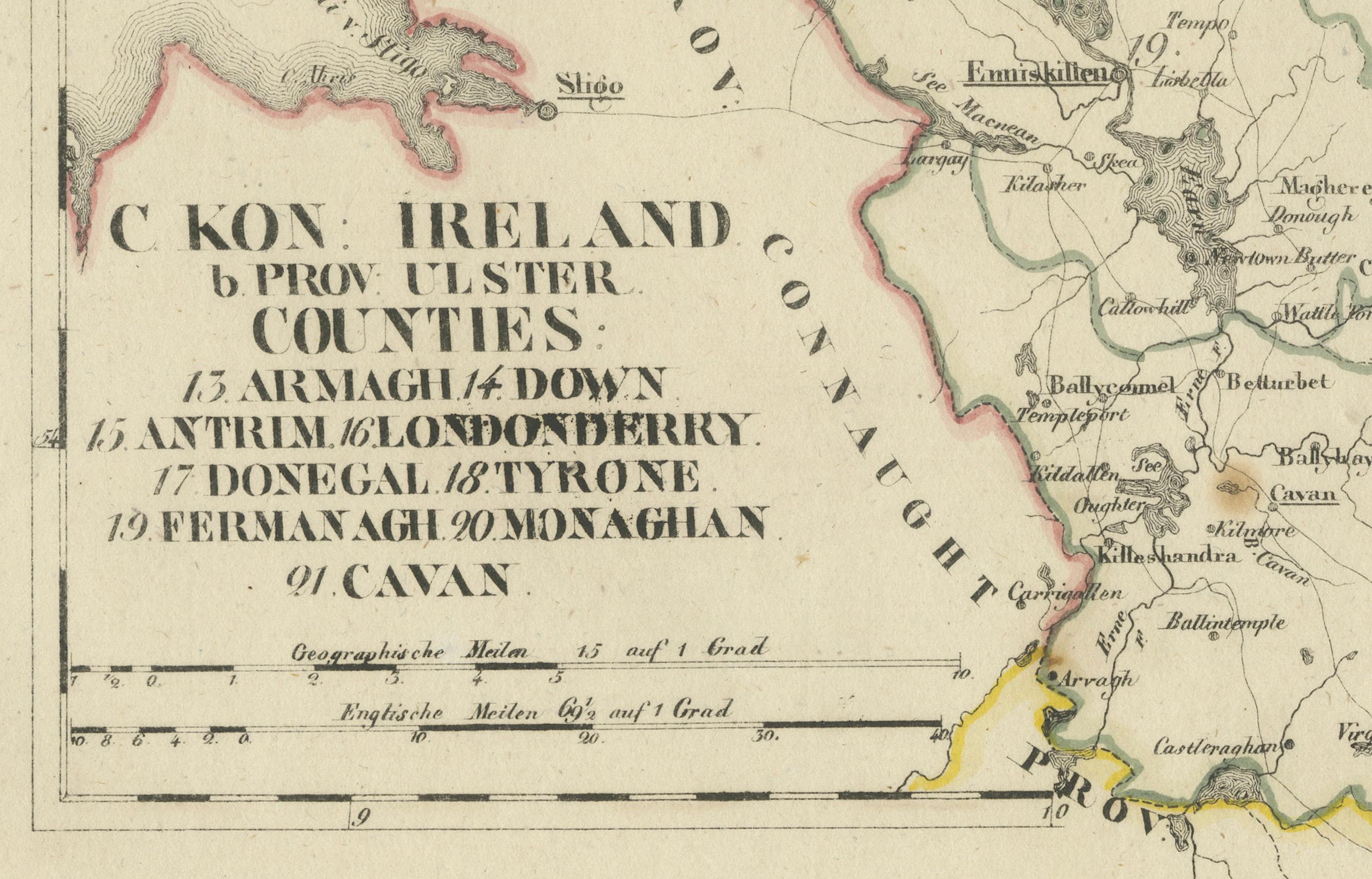 Papier Carte ancienne de 1830 de l'Ulster, Irlande avec Armagh, Down, Antrim, Donegal, Tyrone en vente