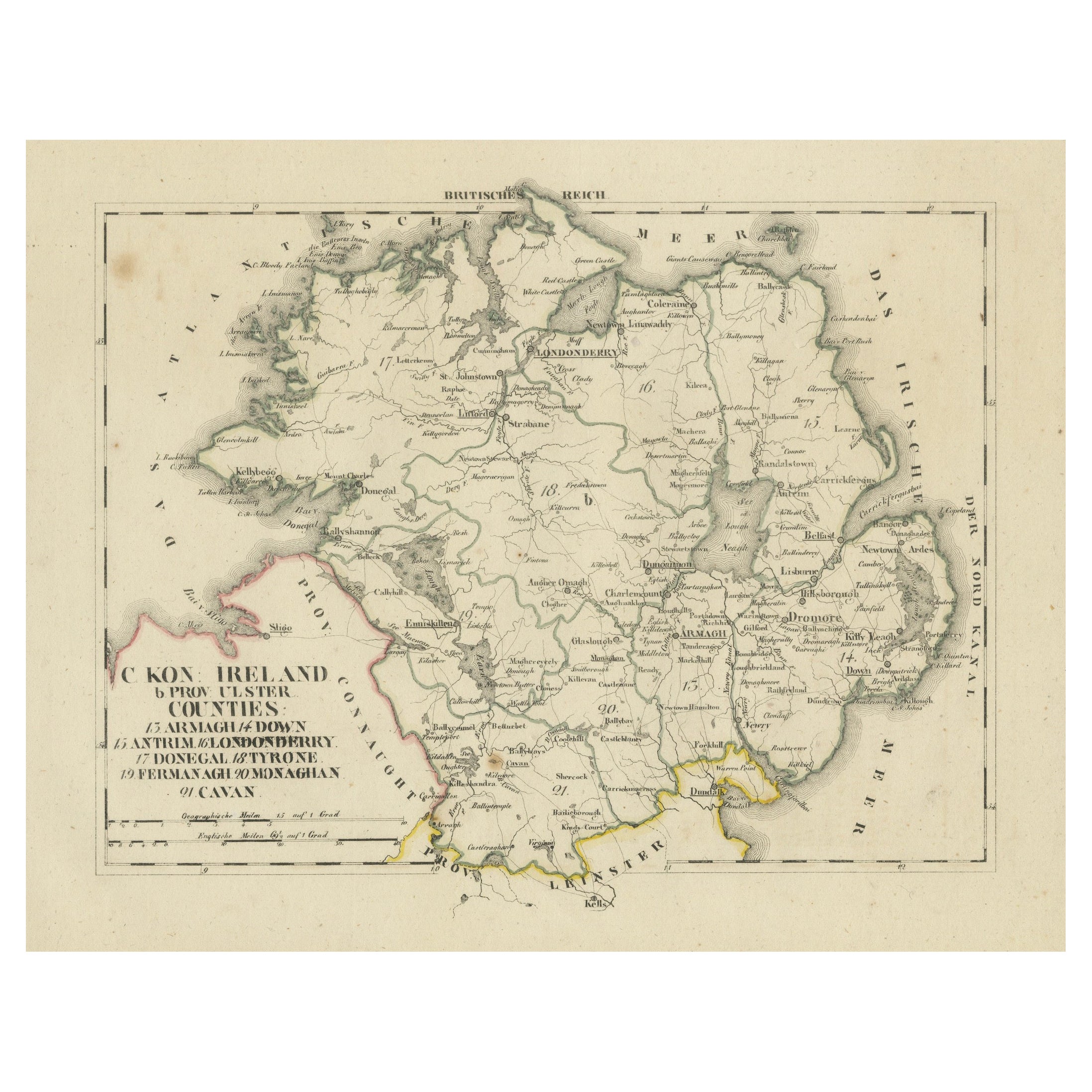 Antique 1830 Map of Ulster, Ireland with Armagh, Down, Antrim, Donegal, Tyrone