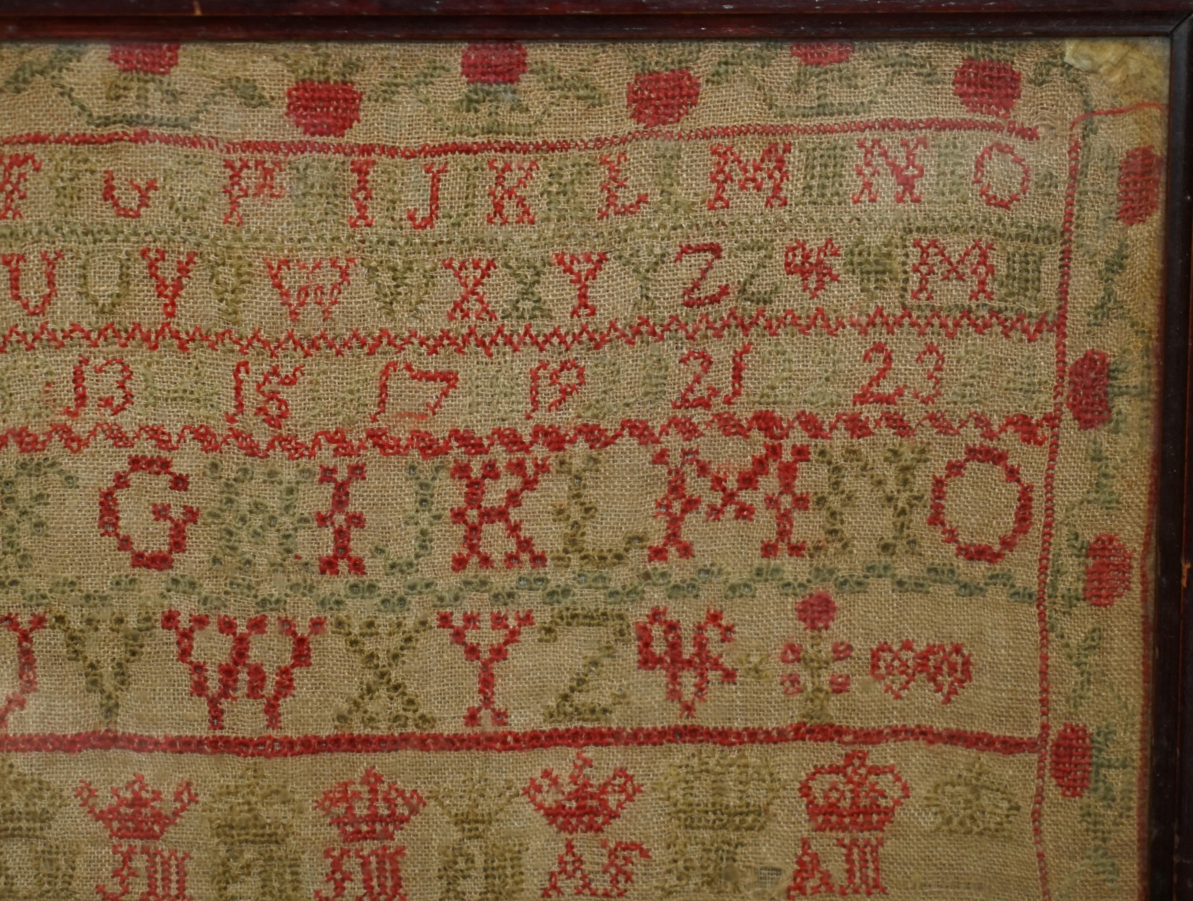 Antiguo 1830 Margret McDonald de Escocia Edad 10 Guillermo IV Muestrario de aguja Hecho a mano