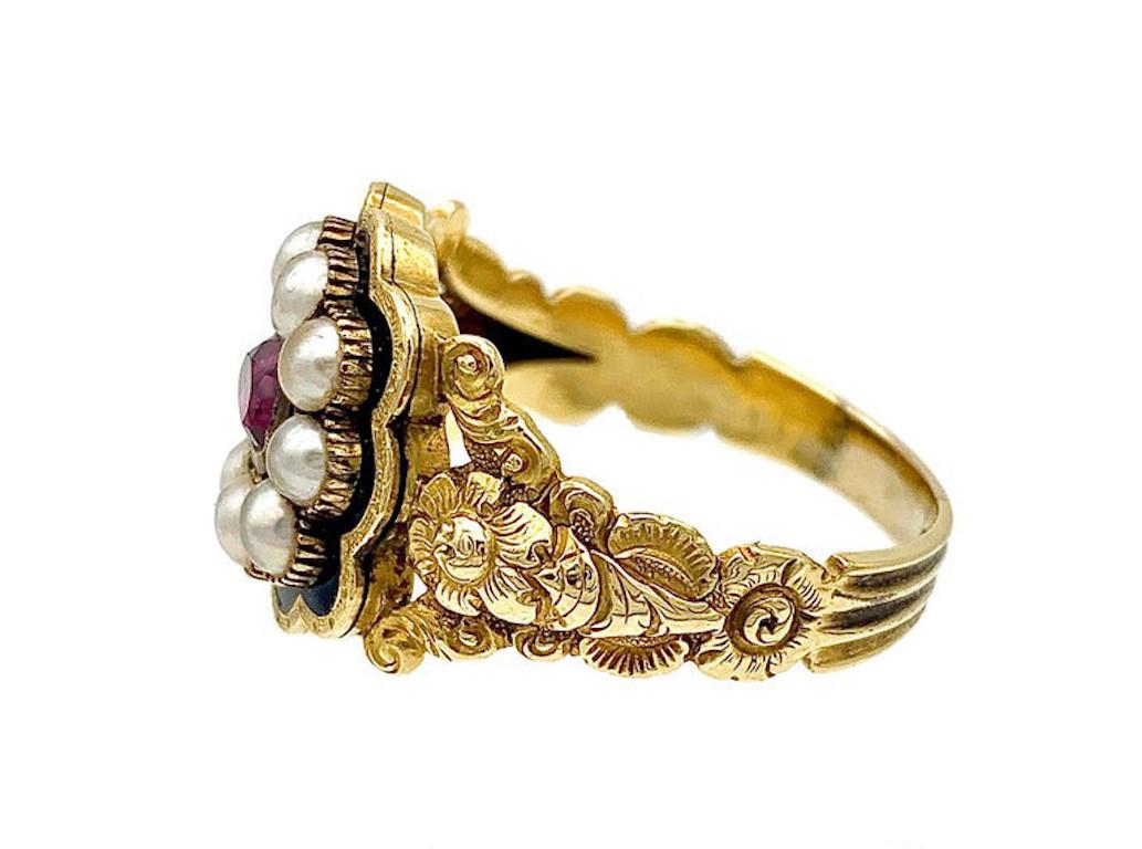 Oval Cut Antique 1830 Mourning Ring Gold Enamel Natural Half Pearls Flowers Garnet For Sale