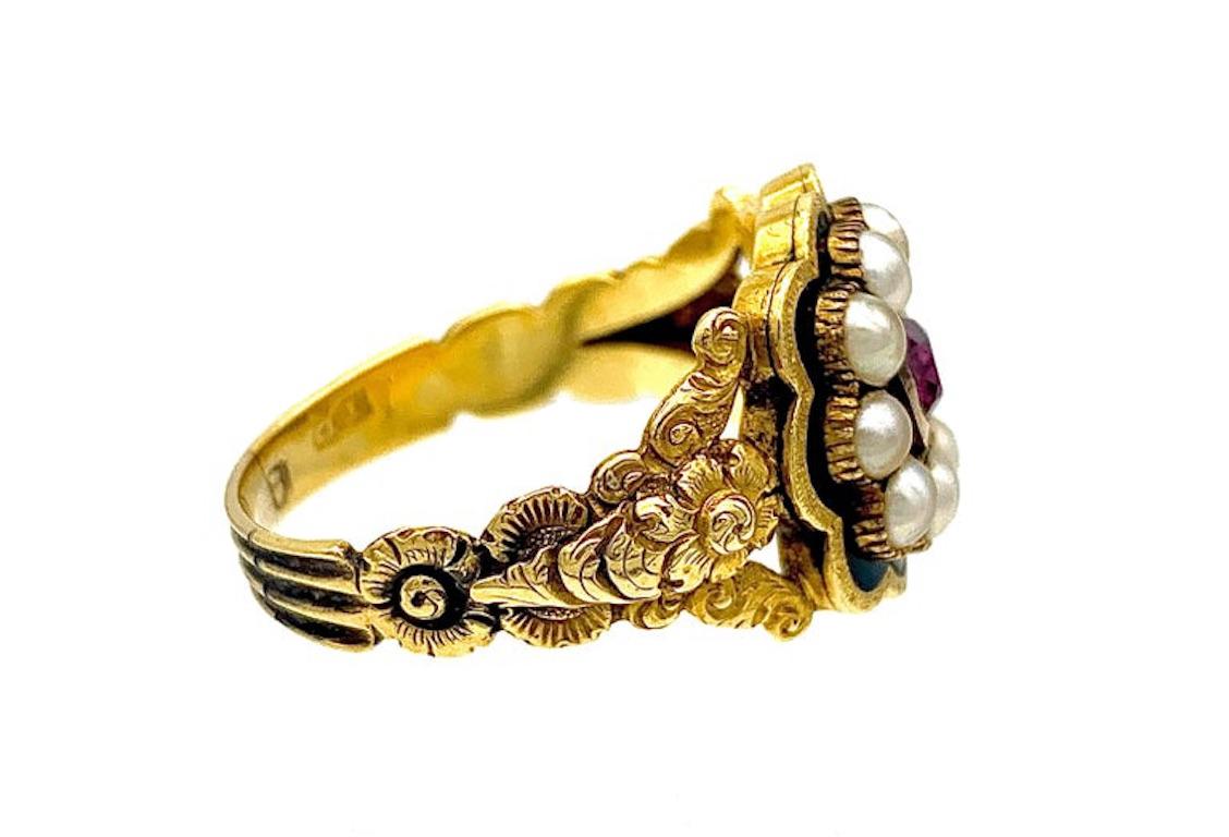 George IV Antique 1830 Mourning Ring Gold Enamel Natural Half Pearls Flowers Garnet For Sale