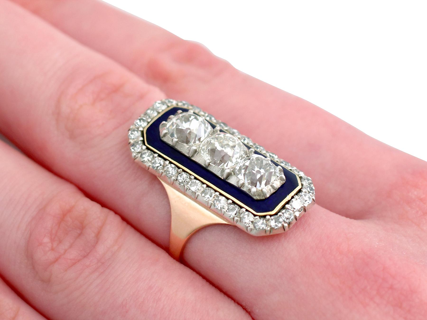 Antique 1830s 4.39 Carat Diamonds Blue Enamel and Rose Gold Cocktail Ring For Sale 3