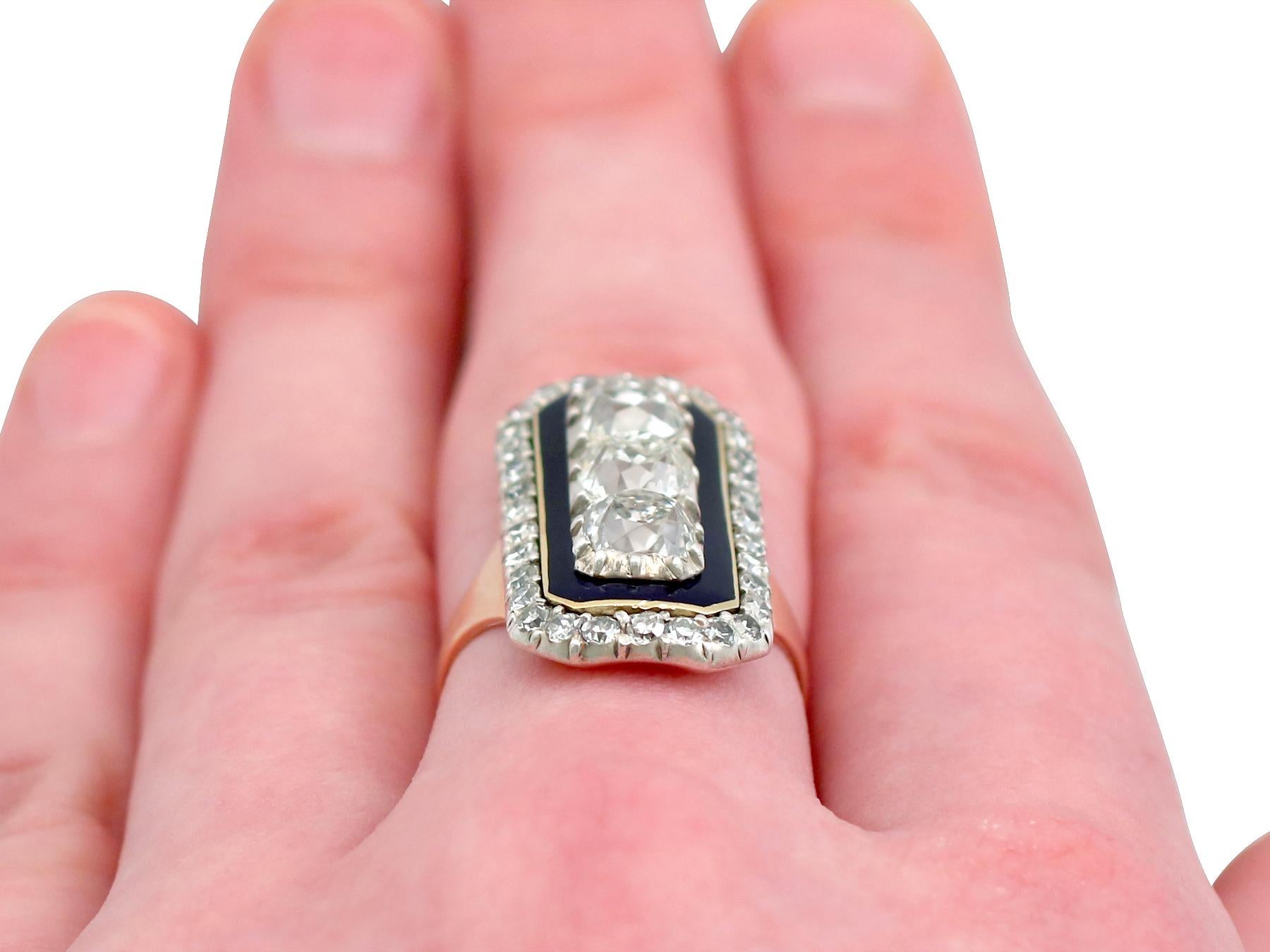 Antique 1830s 4.39 Carat Diamonds Blue Enamel and Rose Gold Cocktail Ring For Sale 4