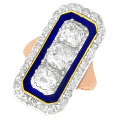 Antiguo anillo de cóctel de oro rosa y esmalte azul de 4,39 quilates de diamantes de la década de 1830