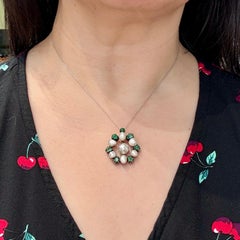 Antique 1830's Georgian Emerald and Pearl Pendant Necklace Silver/14k White Gold