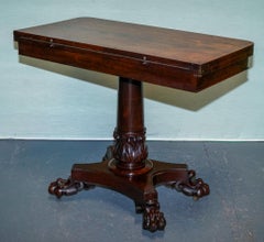 ANTIQUE 1830s WILLIAM IV FOLDING PEDESTAL CARD GAME TABLE CARVED PAW BASE