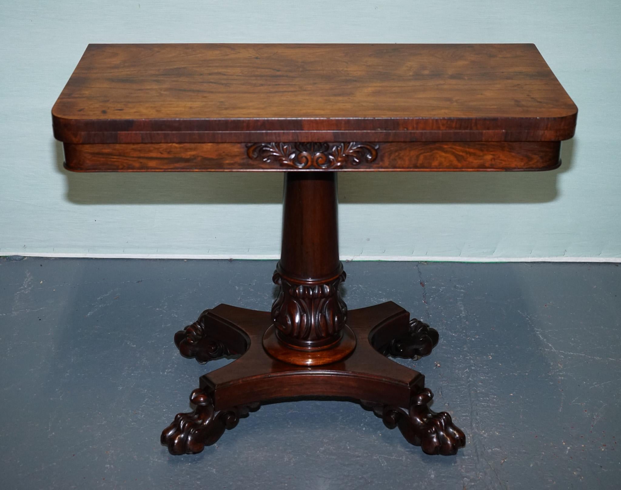 Hand-Crafted ANTIQUE 1830s WILLIAM IV FOLDING PEDESTAL CARD GAME TABLE CARVED PAW BASE For Sale