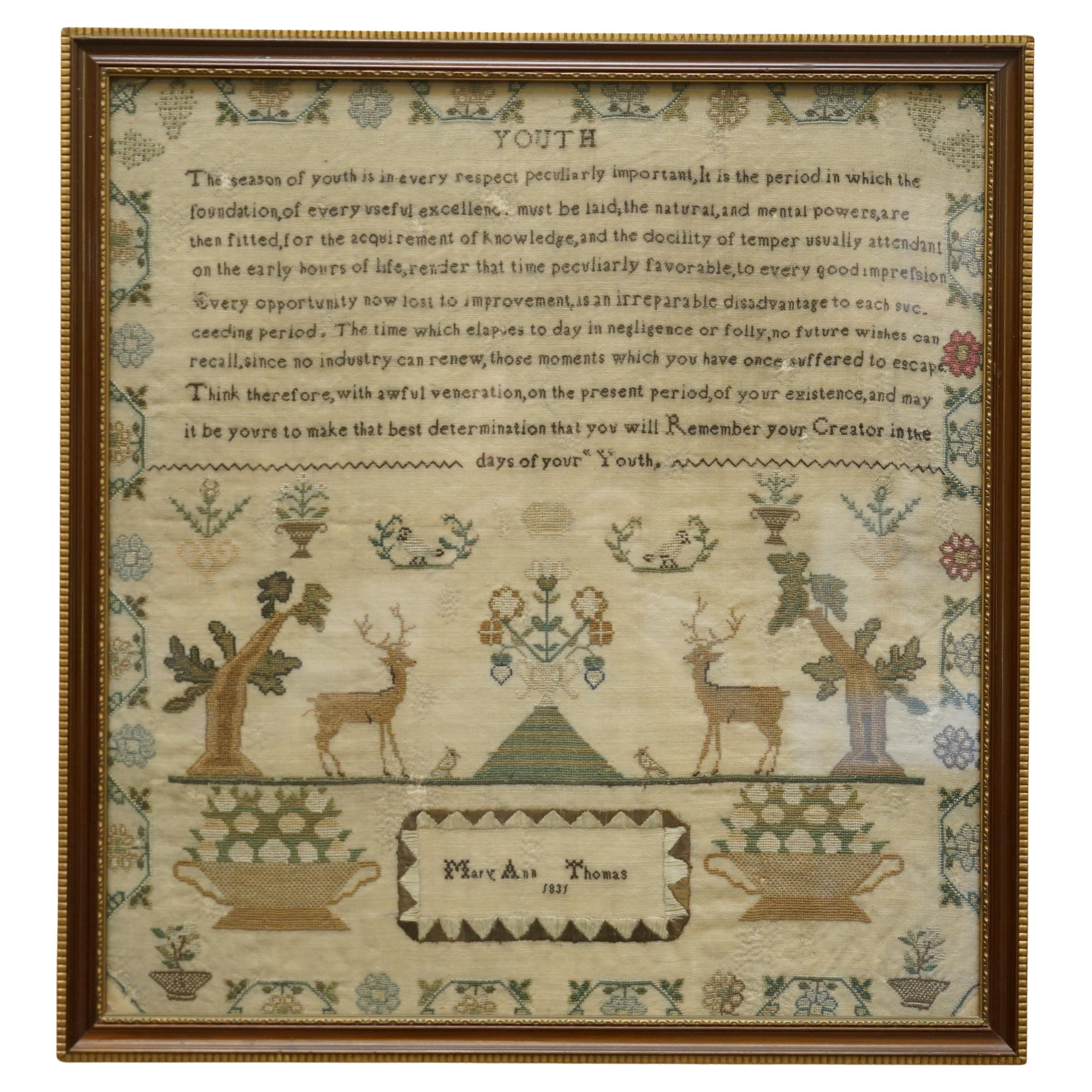 ANTIQUE 1831 ORIGINAL WiLLIAM IV NEEDLEWORK SAMPLER DEPICTING A VERSE ON YOUTH im Angebot