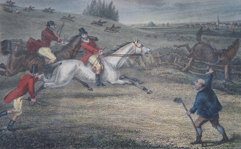 Antique 1835 Hand Colored Fox Hunt Engraving Full Cry Horse Equestrian