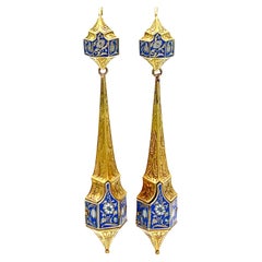 Antique 1835 Large Dangling Flower Earrings 14 Karat Gold Enamel Engraving