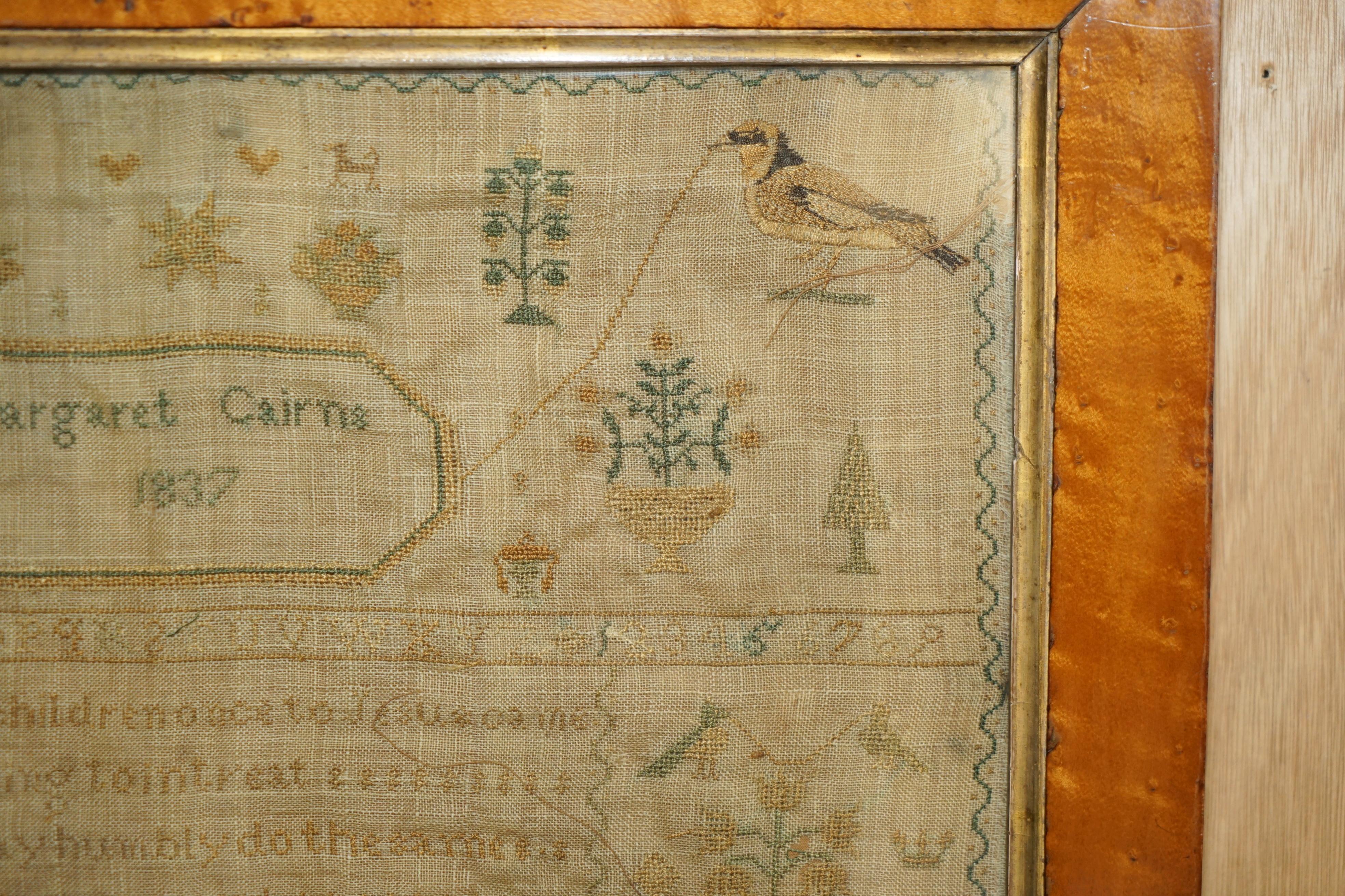 Hand-Crafted ANTIQUE 1837 MARGARET CAIRNS KiNG WILLIAM IV NEEDLE WORK TAPESTRY SAMPLER For Sale