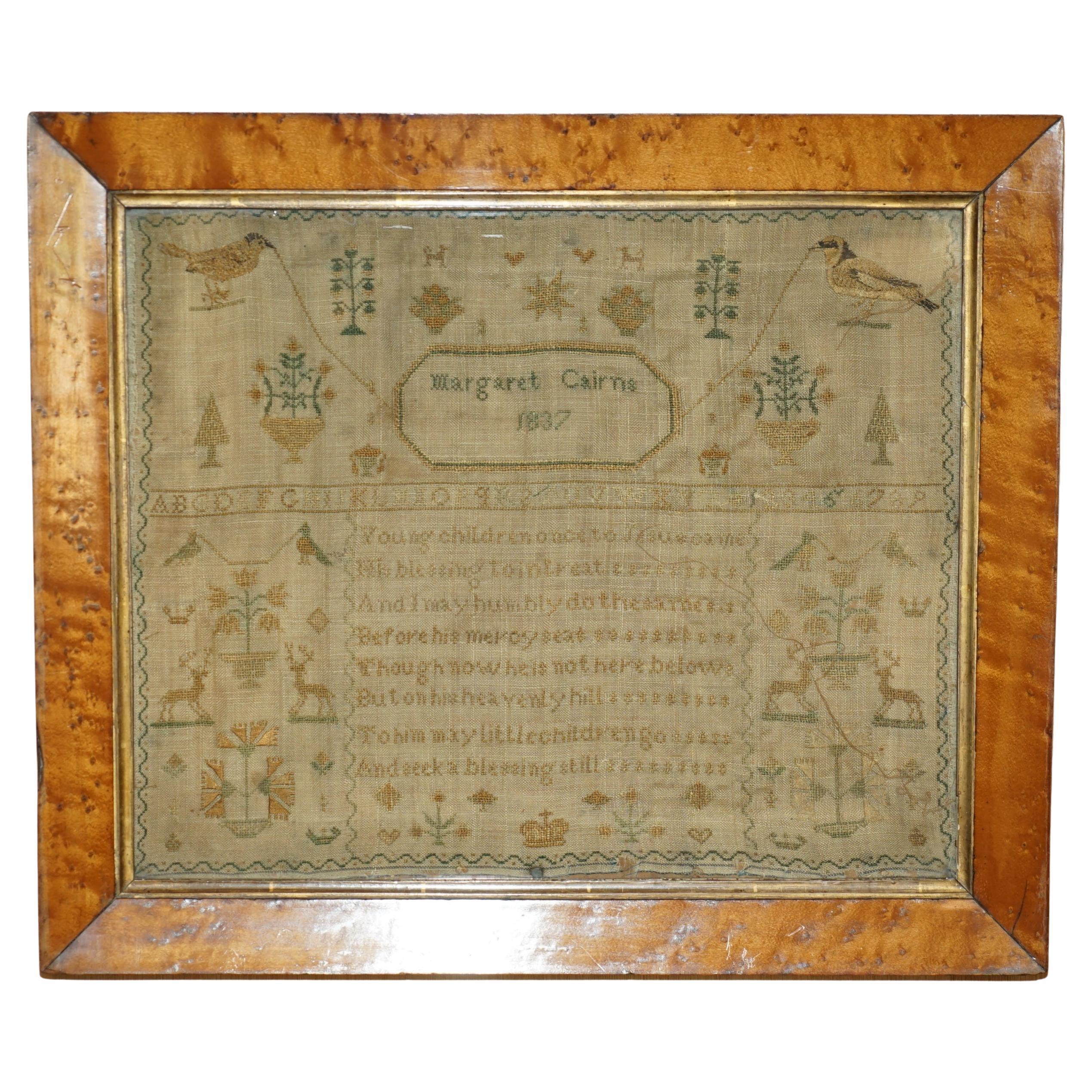 ANTIQUE 1837 MARGARET CAIRNS KiNG WILLIAM IV NEEDLE WORK TAPESTRY SAMPLER For Sale
