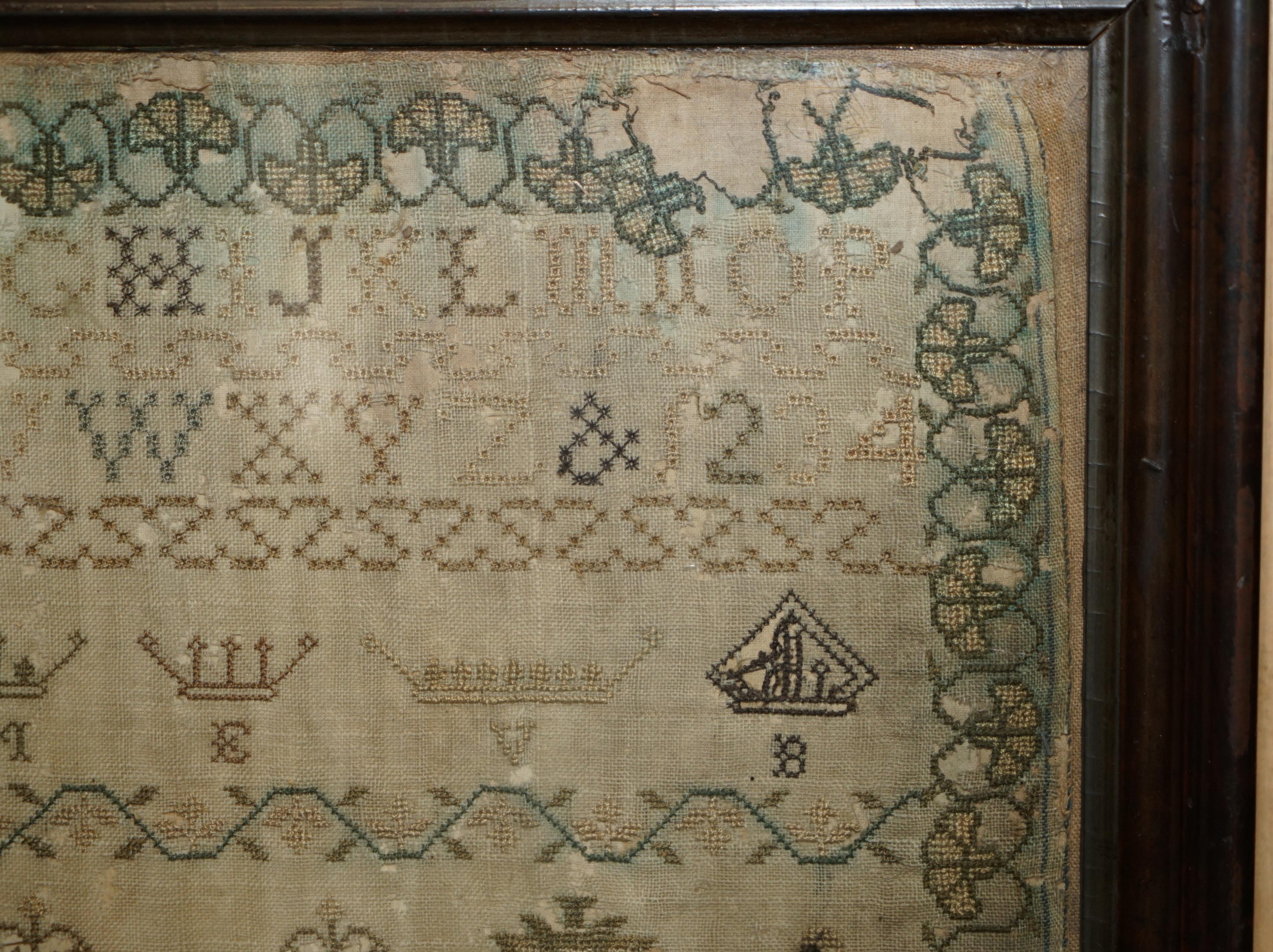 Cotton ANTIQUE 1838 ORIGINAL EARLY ViCTORIAN NEEDLEWORK SAMPLER IN THE PERIOD FRAME For Sale