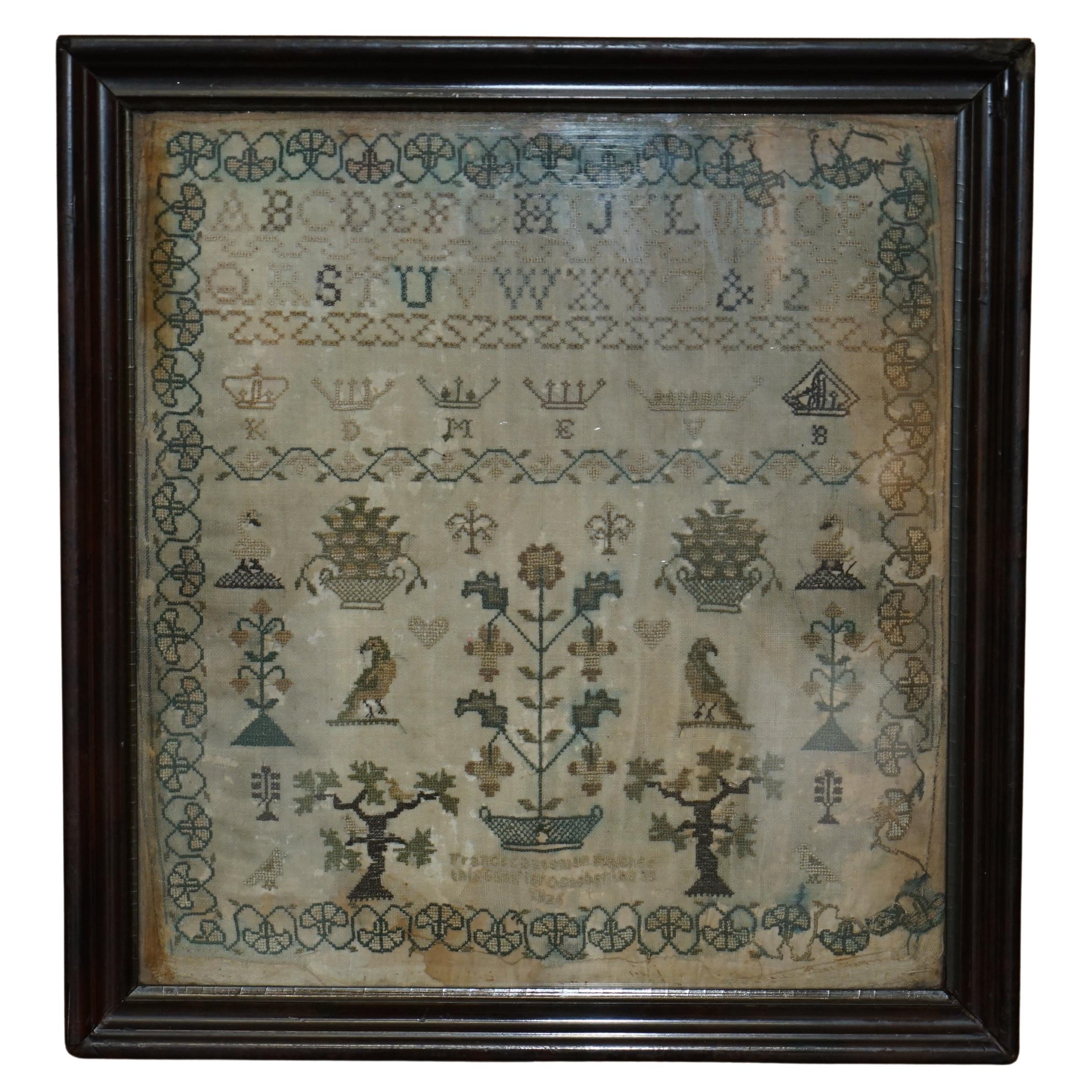 ANTIQUE 1838 ORIGINAL EARLY ViCTORIAN NEEDLEWORK SAMPLER IN THE PERIOD FRAME