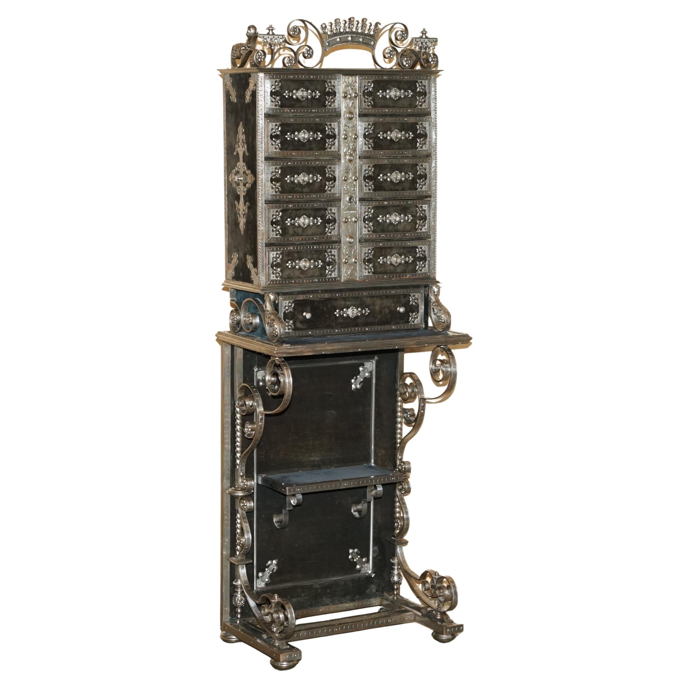 ANTIQUE 1840 METAL DENTAL CHIRURGIE CABINET WITH CROWN DETAILING & DRAWER LOCKs For Sale