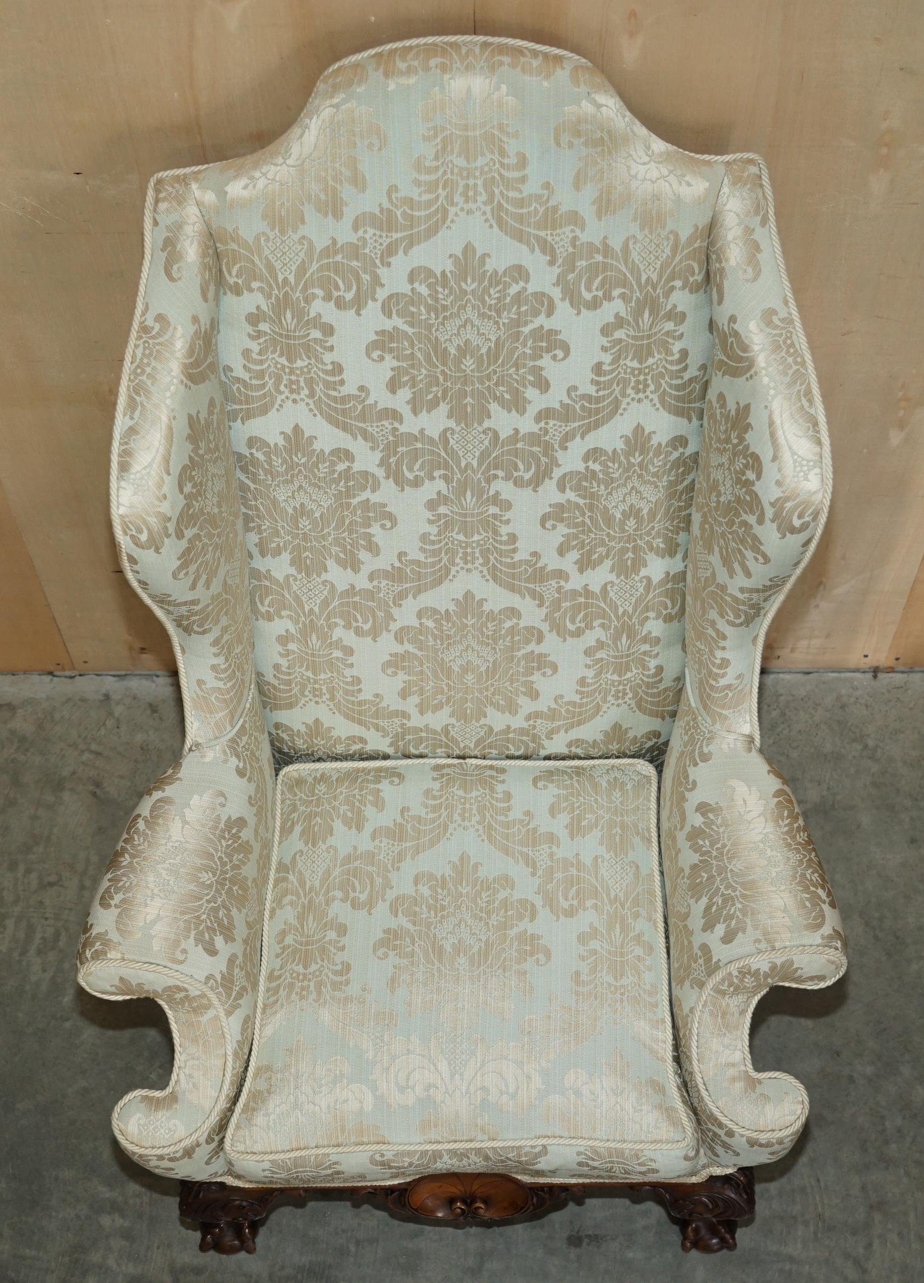 Upholstery Antique 1840 Museum Quality Claw & Ball Carved Feet Wingback Very Large Armchair For Sale