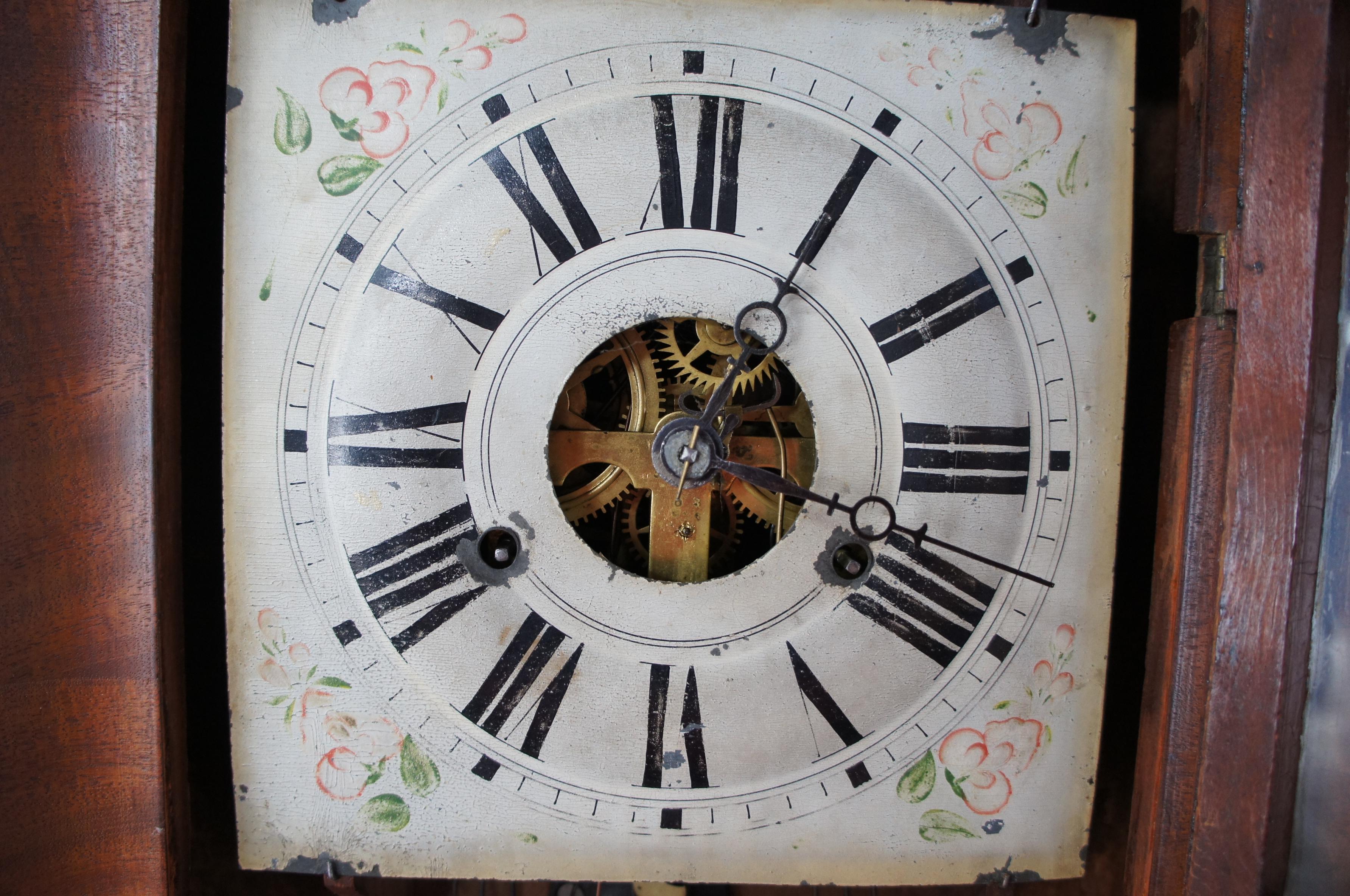 Mid-19th Century Antique 1840s Manross Prichard 8 Day Mahogany Ogee Mantel Shelf Clock