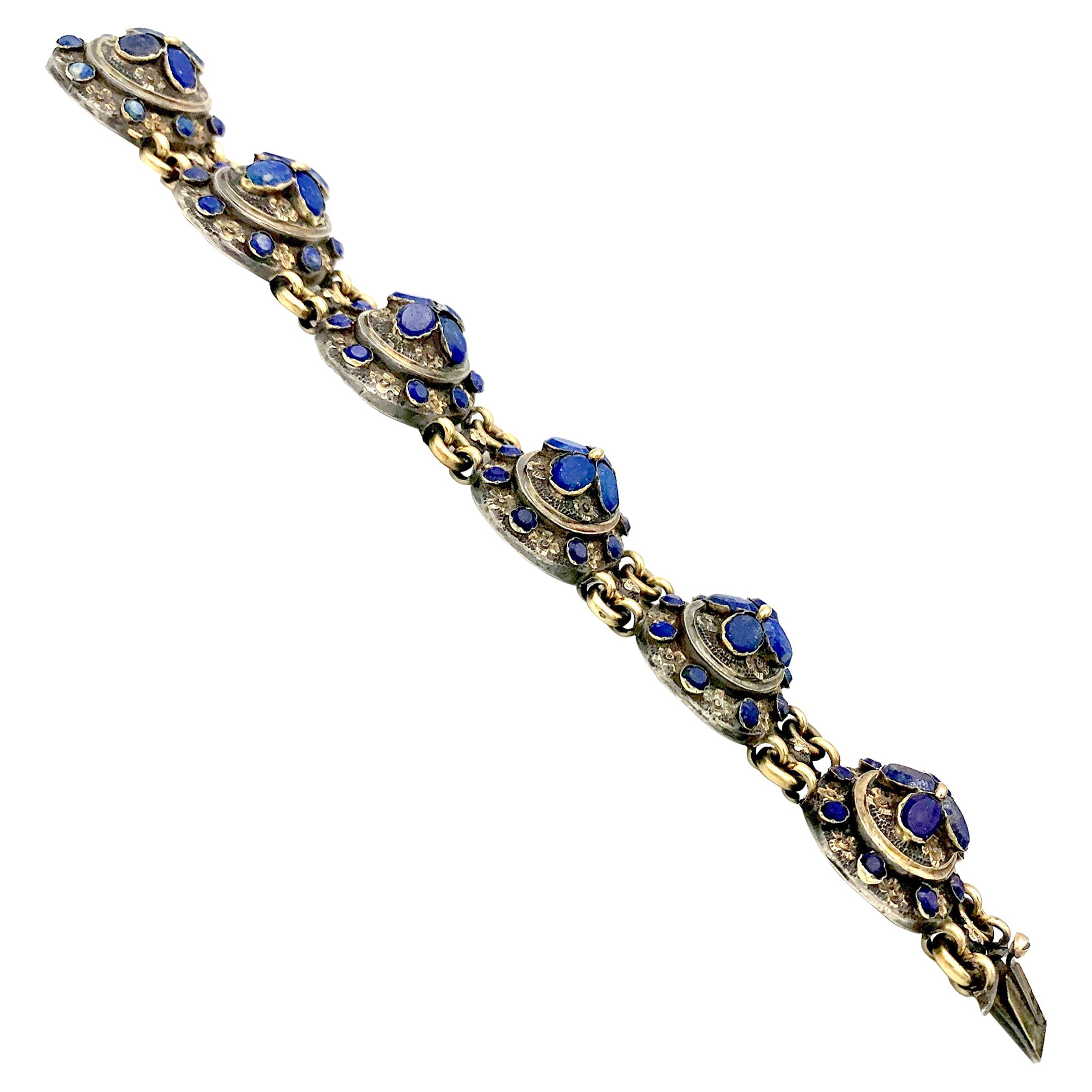Antike 1840er Jahre  Neogotisches Armband Silber vergoldet Lapislazuli Lazuli Blumenornamente (Gemischter Schliff)