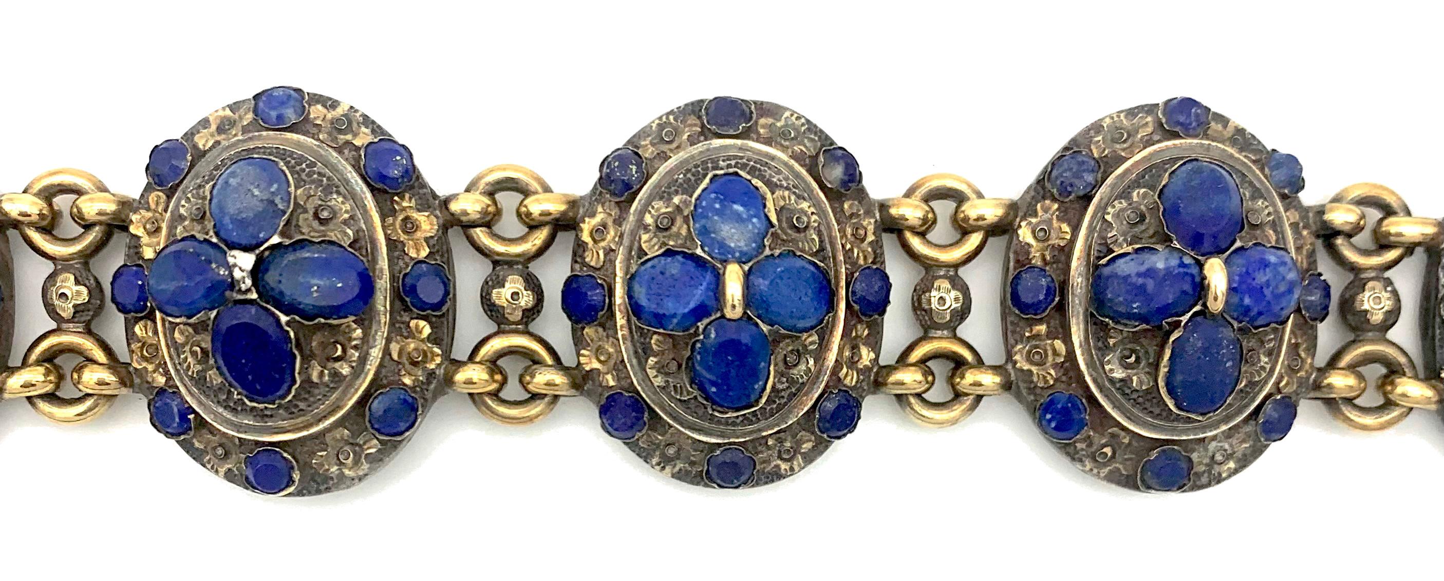 Antique 1840's  Neo Gothic Bracelet Silver Gilt Lapis Lazuli Flower Ornaments In Good Condition For Sale In Munich, Bavaria