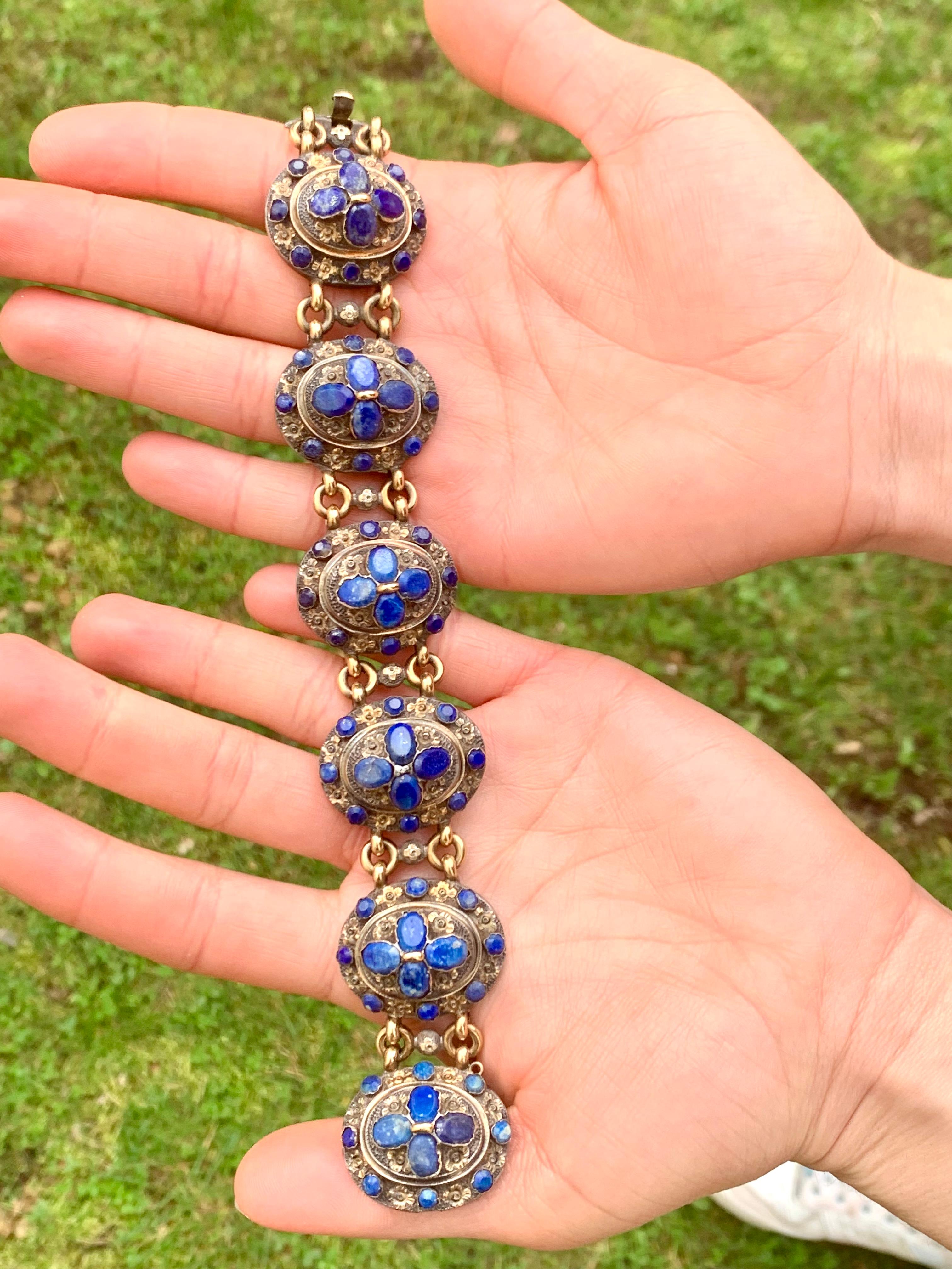 Antique 1840's  Neo Gothic Bracelet Silver Gilt Lapis Lazuli Flower Ornaments For Sale 1