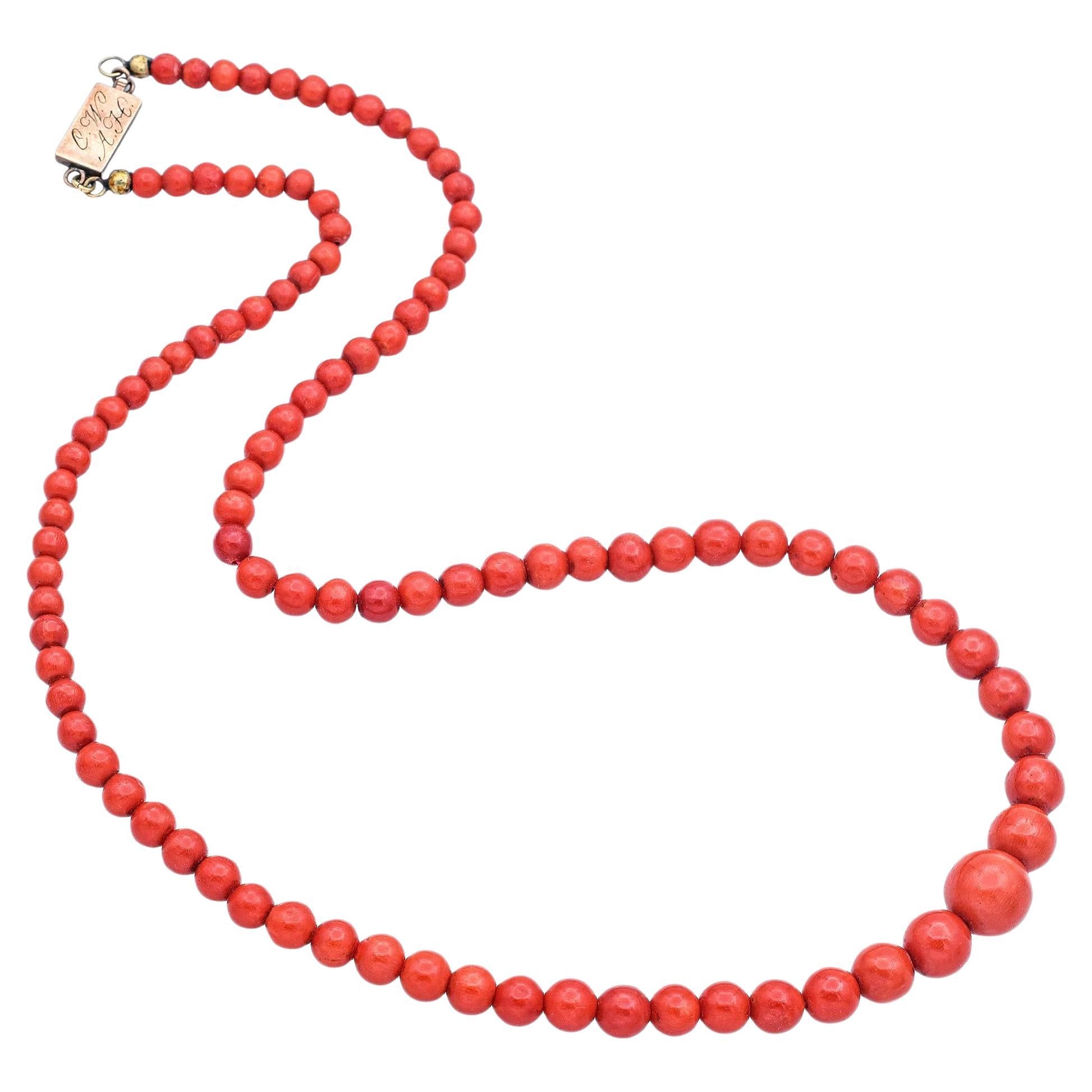 Antique 1840's Yellow Gold Red Coral Graduated Beaded Strand Necklace